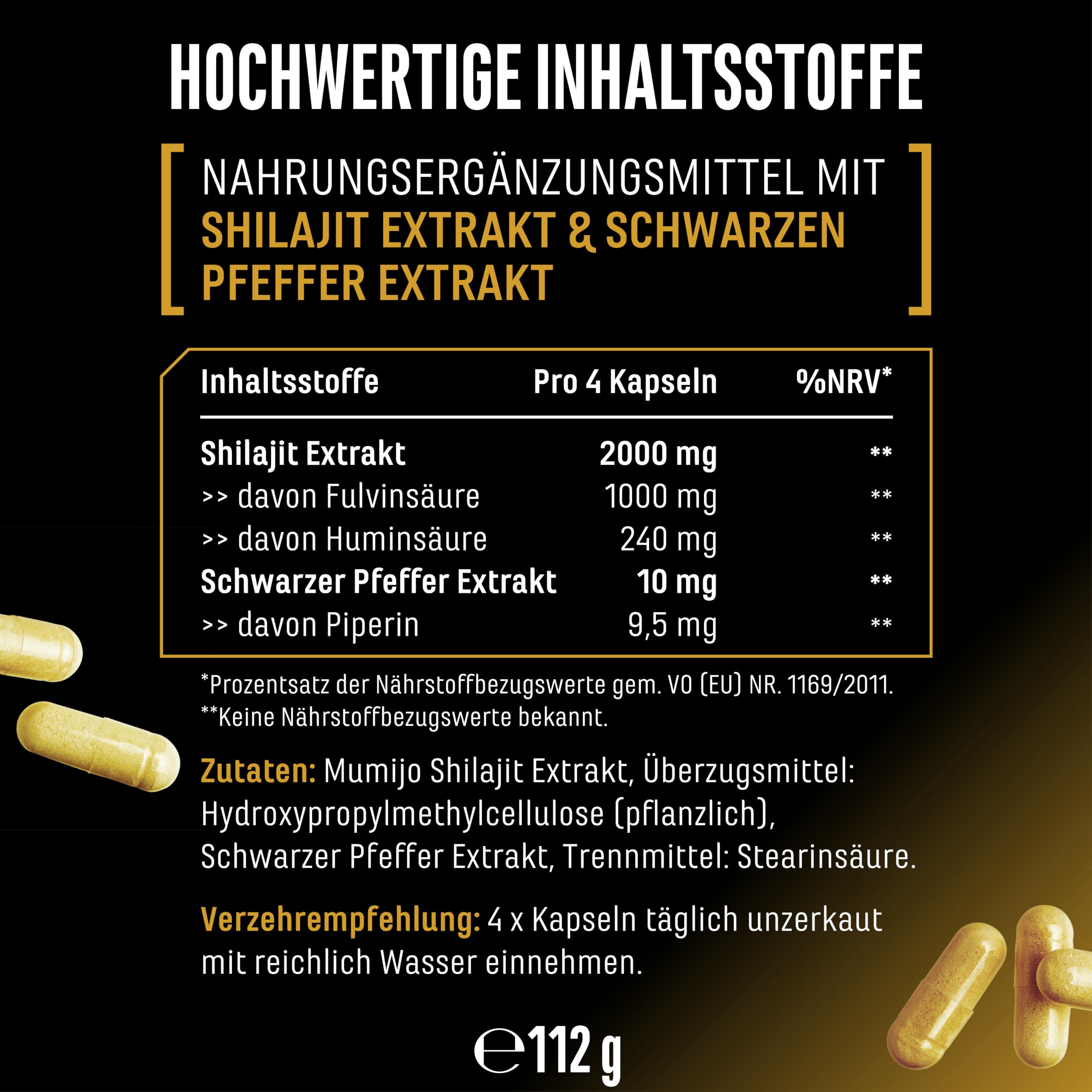 GEN GERMAN ELITE NUTRITION Mumijo Shilajit Max - 180 Kapseln - 10:1 | 2000 mg Shilajit Extrakt, 50% Fulvinsäure, 12% Huminsäure, vegan & hochdosiert, ohne Zusätze