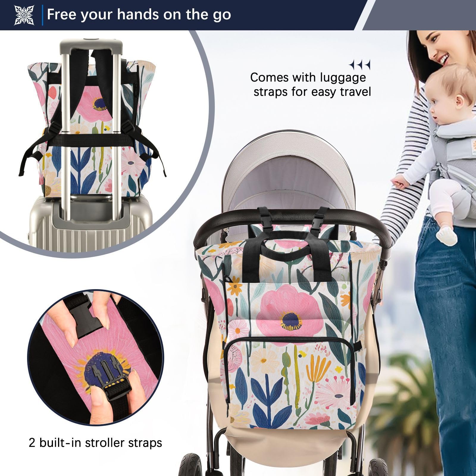Mochila para pañales para mamás y papás, diseño floral, color claro