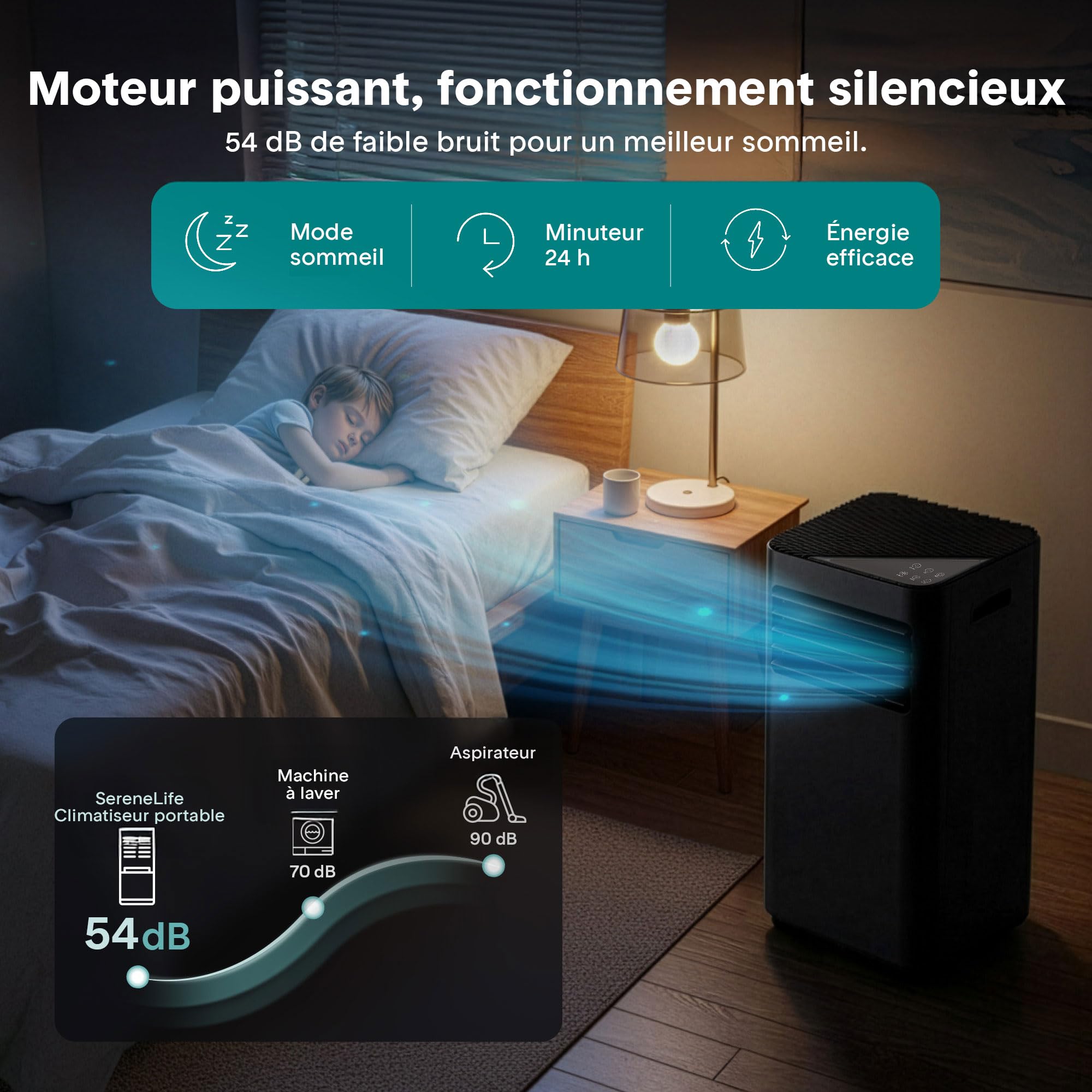 SereneLife Climatiseur Mobile 9000 BTU 2,0 kW – Climatiseur Portable avec Évacuation, 3 en 1 Refroidissement Déshumidificateur Ventilateur, Silencieux 54 dB, Télécommande et Kit Fenêtre