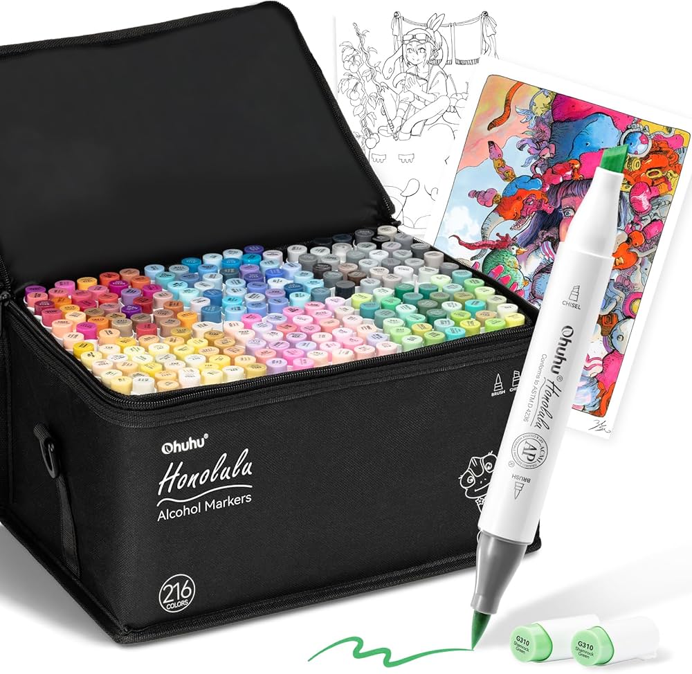 Ohuhu オフフ マーカー 216色 プロ愛用 アルコール系 ブレンダーペン Amazon | Ohuhu マーカーペン 筆タイプ 216色217本 プロ愛用 パステル