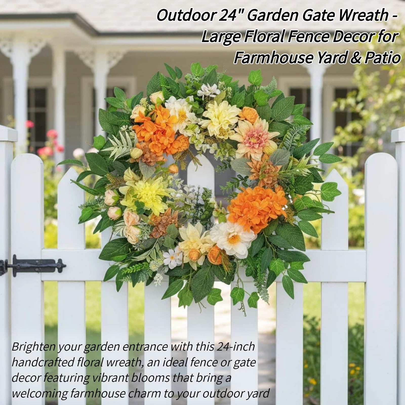 Corona di Fiori Artificiali 60cm Arancione per Porta Ingresso, Ghirlanda Primaverile Estiva con Ortensie Dalie Peonie, Decorazione Moderna da Parete Stile Rustico, Regalo di Inaugurazione
