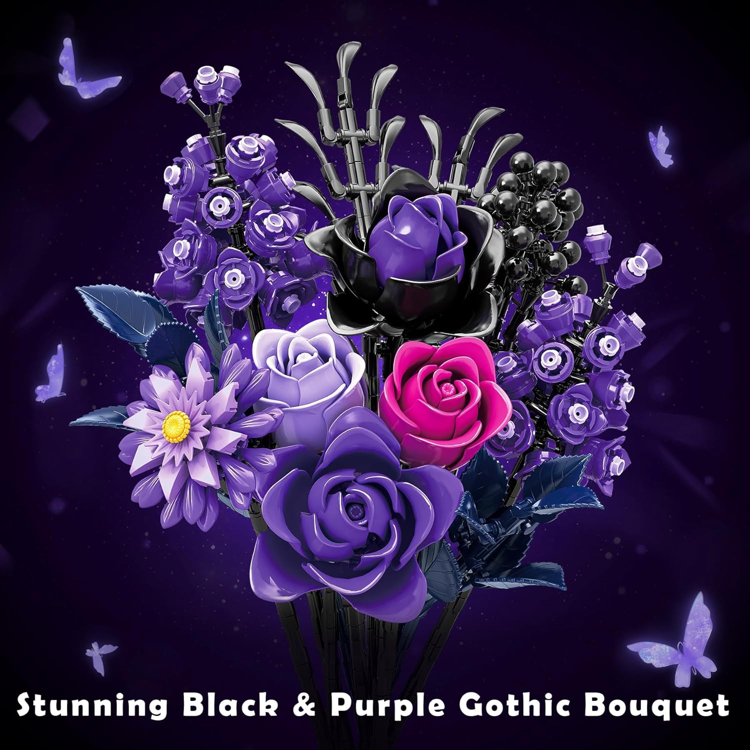Gothic Black Purple Roses Bouquet - 822 Pcs Building Blocks Set for Adults, Lego Compatible Flowers for Home Decor, Dark Aesthetic Alternative Easter for Women