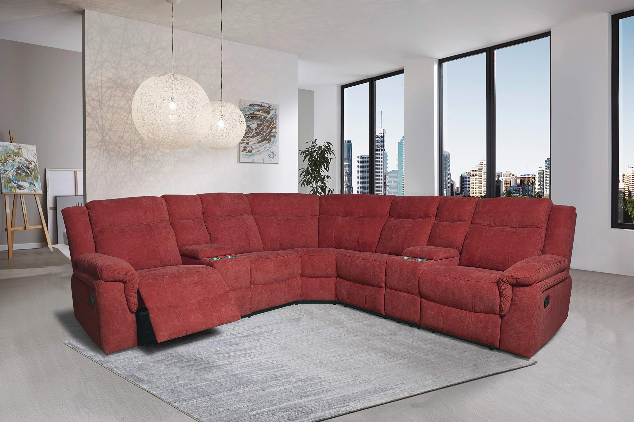 YUNLife&Home Modern 5-Seat Power Reclining Sectional Sofa - L-Shaped With 2 Consoles, 4 Cup Holders (107.5" X 107.5")