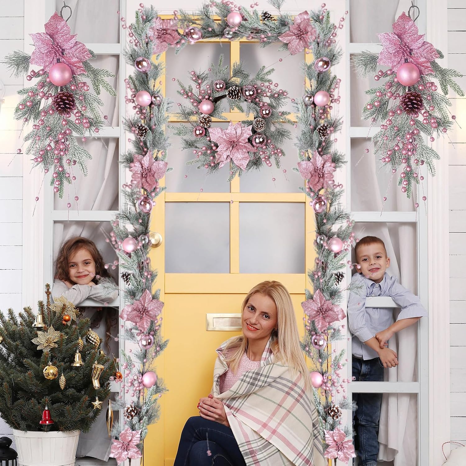 Artificial Christmas Swag for Front Door, Pink Christmas Garland Christmas Wreath, Decorative Hanging Swag with Hollly Berry Balls Pine Cones for Stairway Window Shelf Xmas Decor