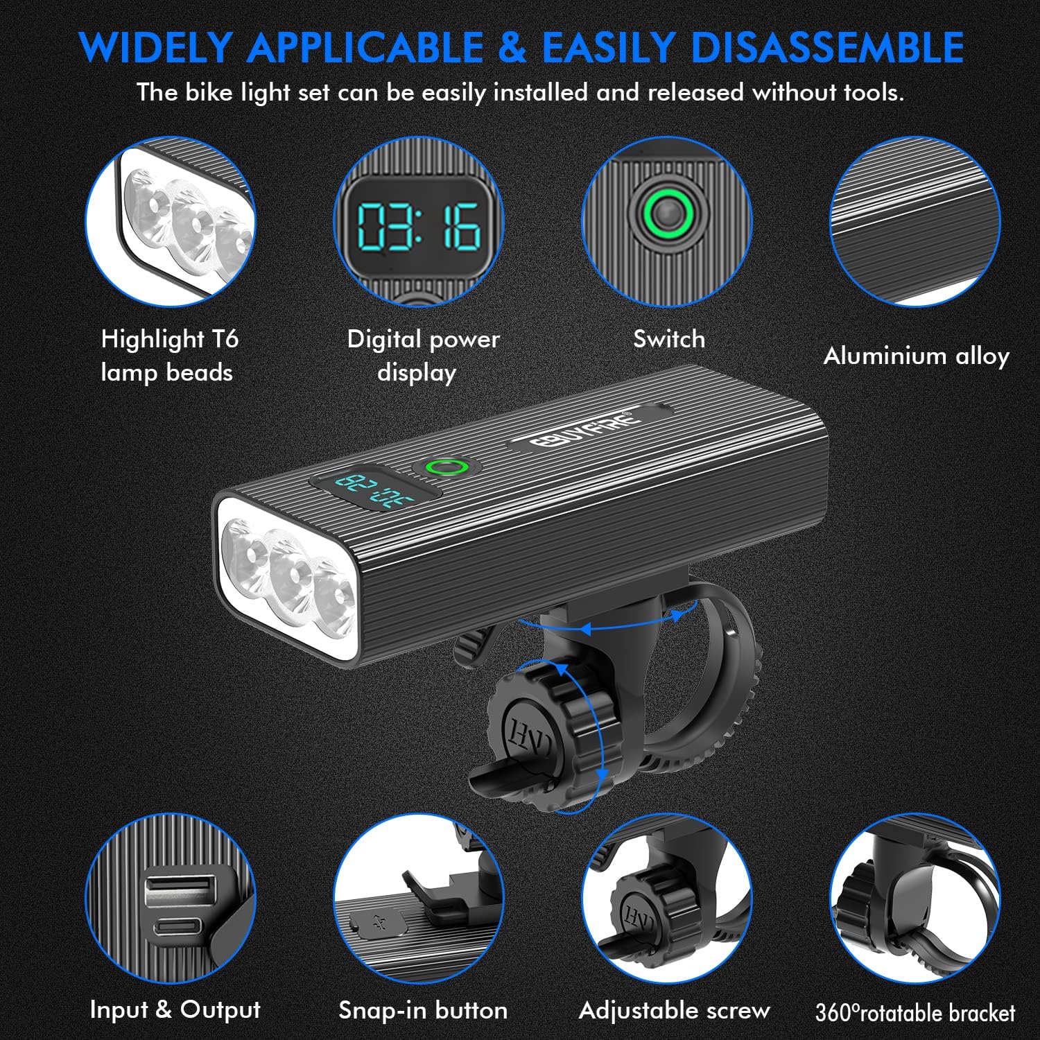 EBUYFIRE Bicycle Lights Set USB Rechargeable,Super Bright Bicycle Front Headlight and Back Taillight, 5 Light Modes,IPX5 Waterproof,LED Digital Display Bike Light for All Bicycles(3*T6 LED)