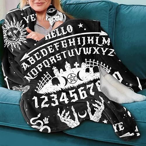Miniatura 5 de Ouija - Manta de tablero Ouija, regalo de bruja gótica para mujeres, manta de terror espeluznante y esqueleto de sol y luna, mantas suaves para sofá