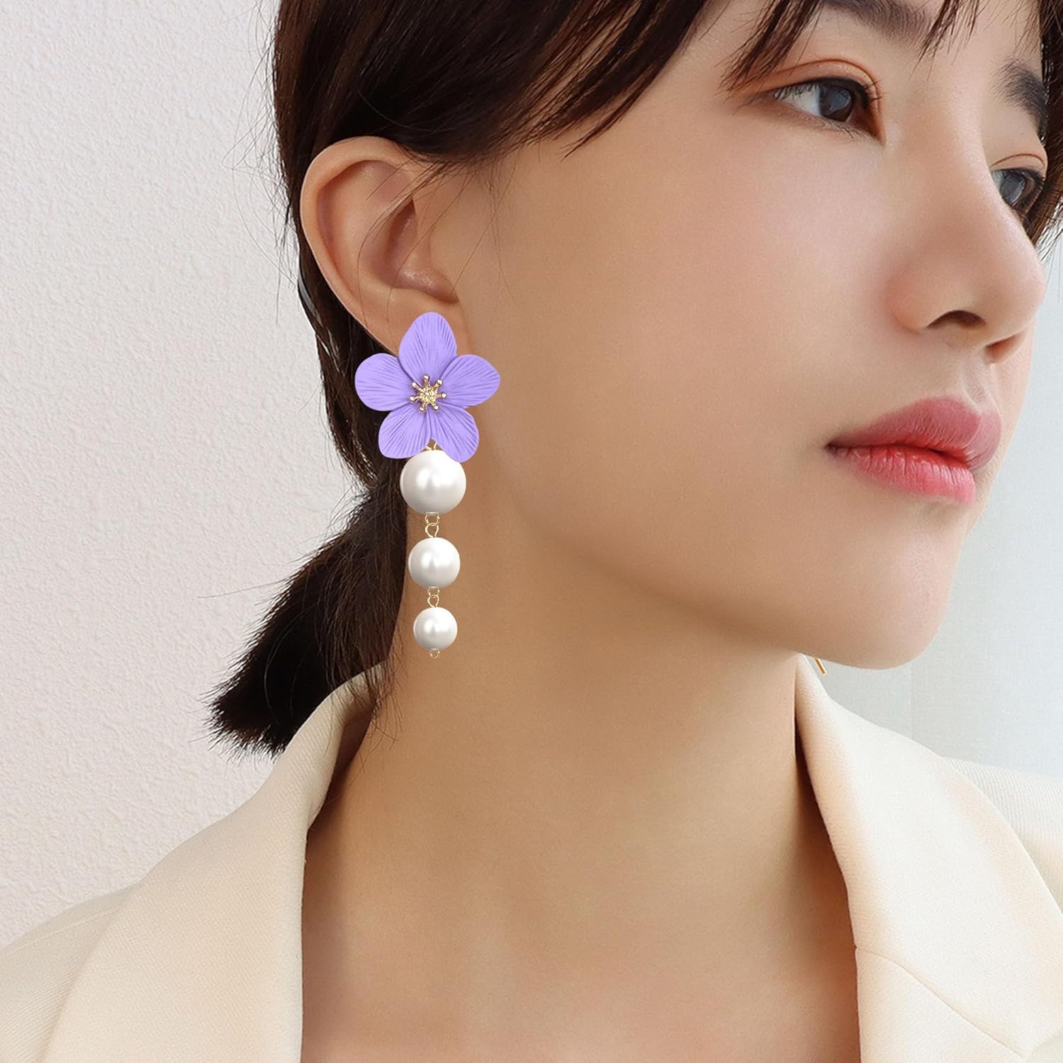 Floral Pearl Statement Earrings For Women Flower Large Stud Dangle Drop Earrings Boho - Image 2