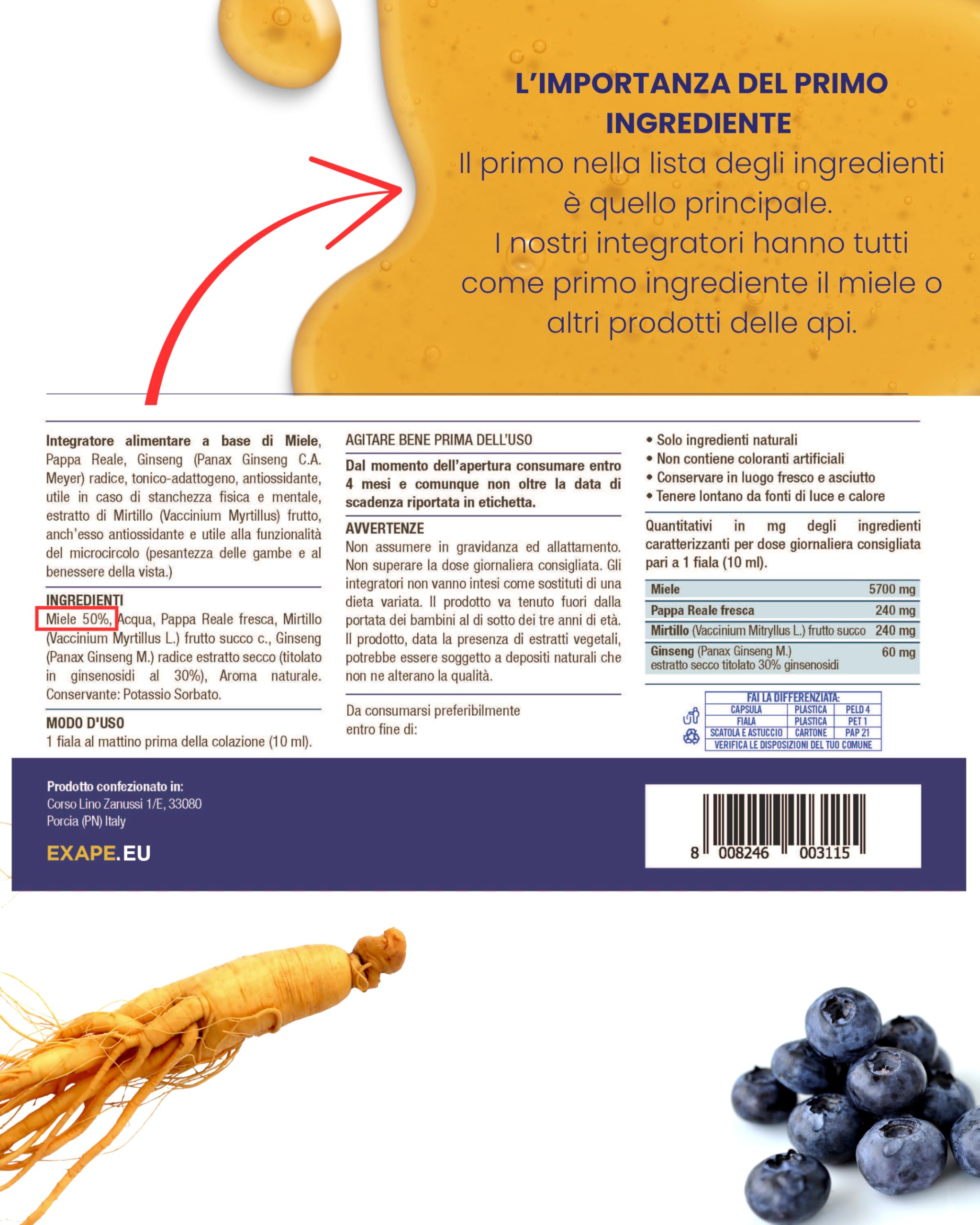 EXAPE - Pappa Reale Fresca Tonico Naturale, Integratore Energetico, Azione Ricostituente e Antiossidante, con Miele 50%, Pappa Reale Fresca, Ginseng, Mirtillo, 10 Flaconcini da 10ml - 2 CONFEZIONI