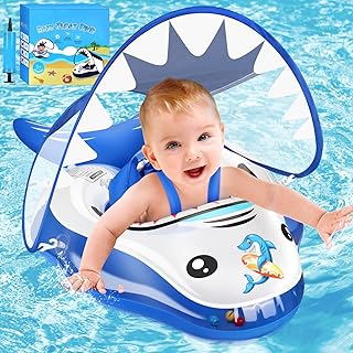 Baby Pool Float with Sun Protection Canopy-Add Tail No Flip Over Inflatable Baby Floats for Pool with Double Airbag Safety Seat Infant Toddler Pool Float Swim Trainer for Age of 3-72 Months