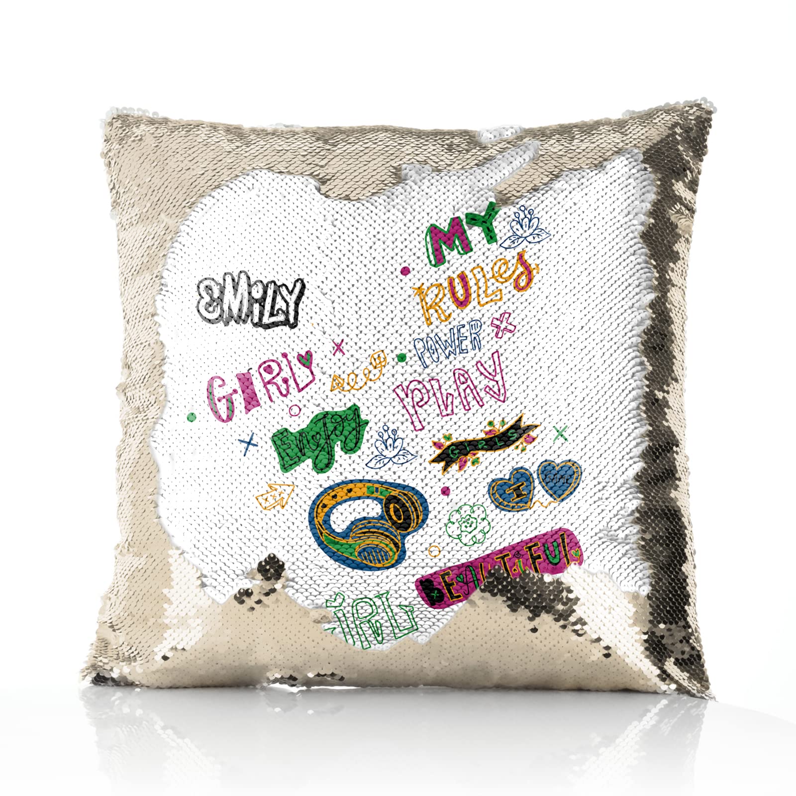 Hairyworm Personalised Cushion, Champagne, Silver, Blue, Red or Gold Squin Flip Square Cushion Customised with Initial/Name/Text, Graffiti Gaming Design Print, Square Pillow