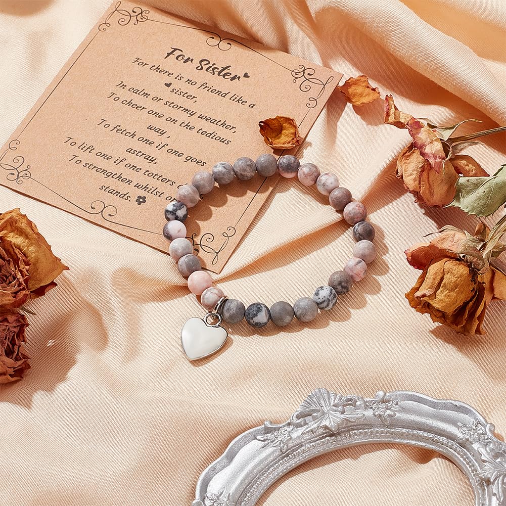 Naturstein Herz-Armband Für Schwester – Mit Geschenkkarte, Elastisch, 7 Zoll, Für Geburtstag & Weihnachten
