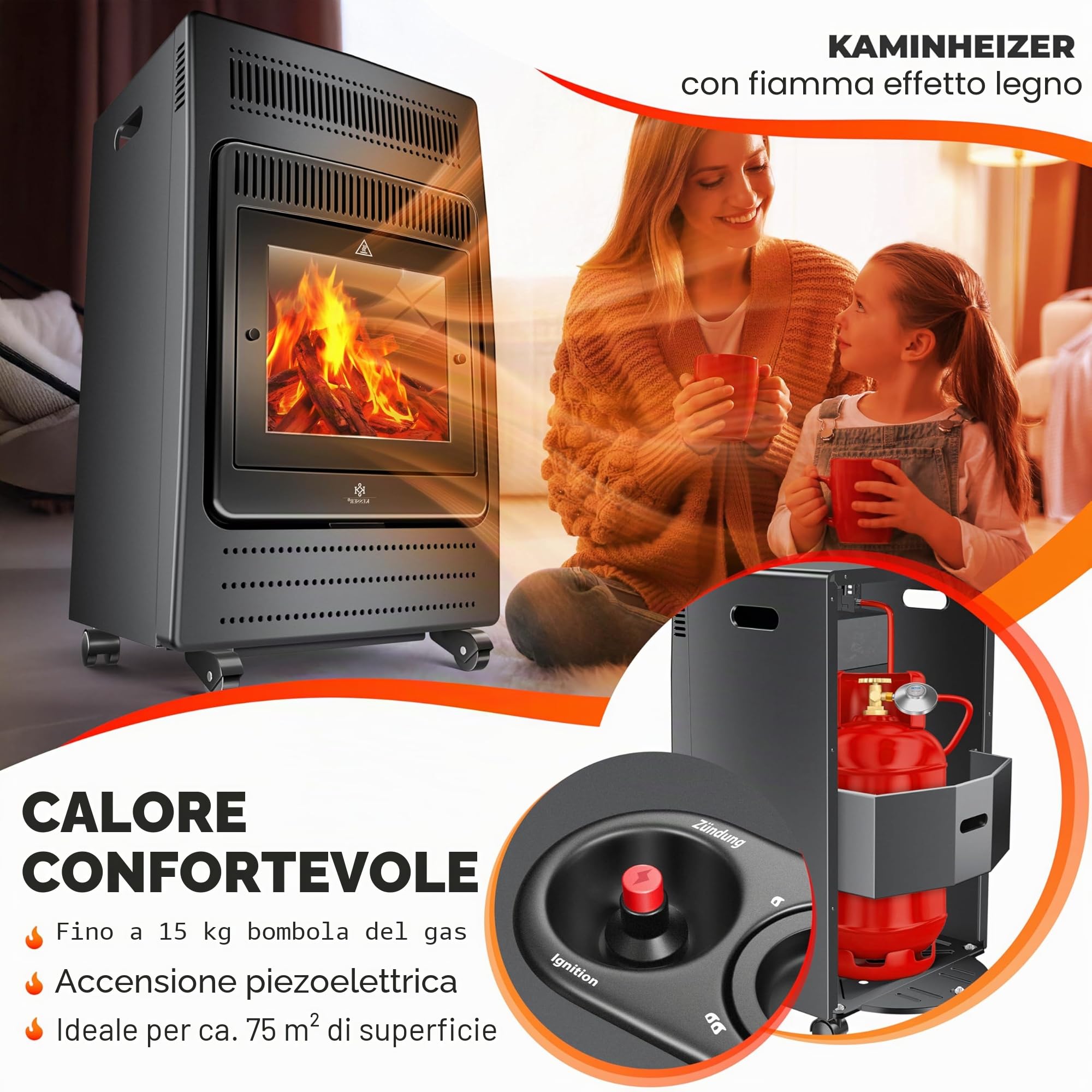 Kesser Stufa a 3,4 kW, con regolatore di pressione, tubo gas, 2 livelli di riscaldamento a infrarossi, 3400 W, riscaldamento fino a 11 kg bombole