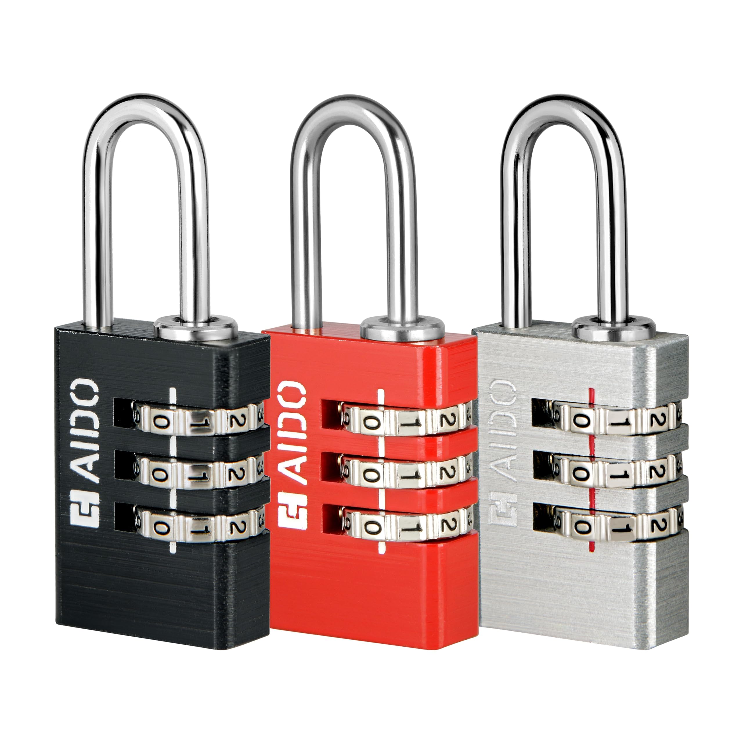 AIDO 3 Digit Number Locks (Pack of 3) | 2 Year Warranty | 20mm Combination Padlocks for Luggage, Sports Bag, Tool Boxes & Lockers | Water-Resistant | Hardened Shackle| Red, Black, Silver