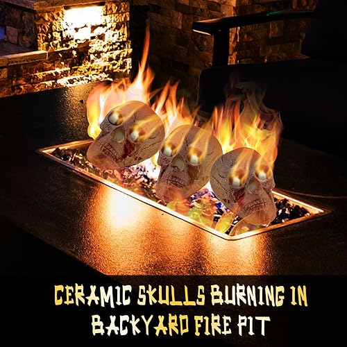 Miniatura 5 de Zhehao Paquete de 6 calaveras de cerámica, cráneos humanos imitados a prueba de fuego de 9 pulgadas, accesorios de hoguera, troncos falsos, piedras