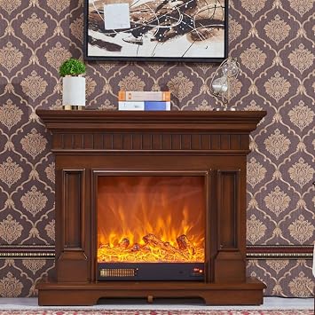 Electric Fireplace - Indoor Electric Fireplace Heater with Mantel Includes Classic Line Design, Standing Cabinet with Decorative Real Flame Inserts & Heating, Brown47IN