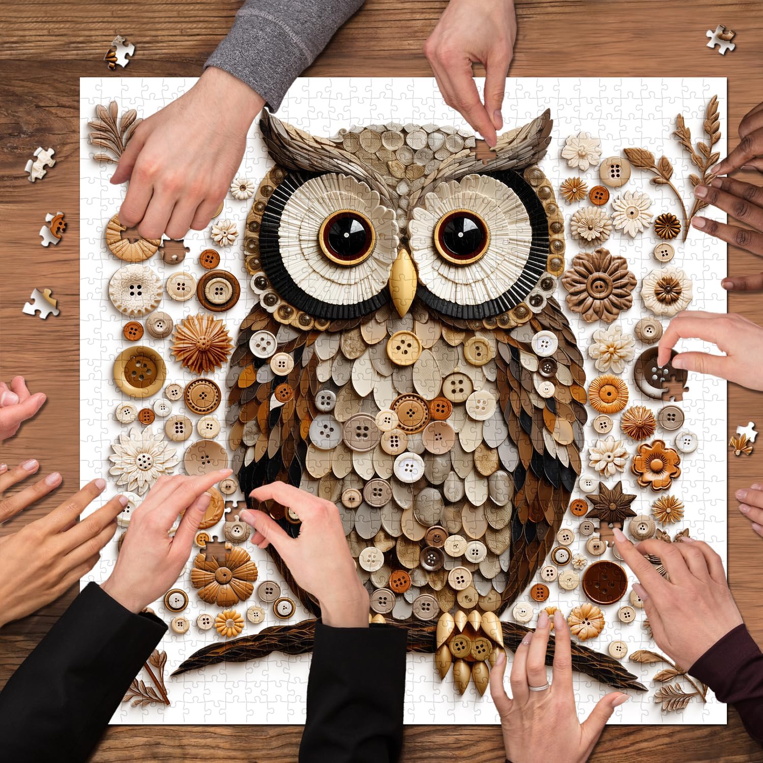Button Owl Puzzles for Adults 1000 Pieces, Nature Forest Bird Jigsaw Puzzles, Vintage Animal Art Puzzle as Owl Decor