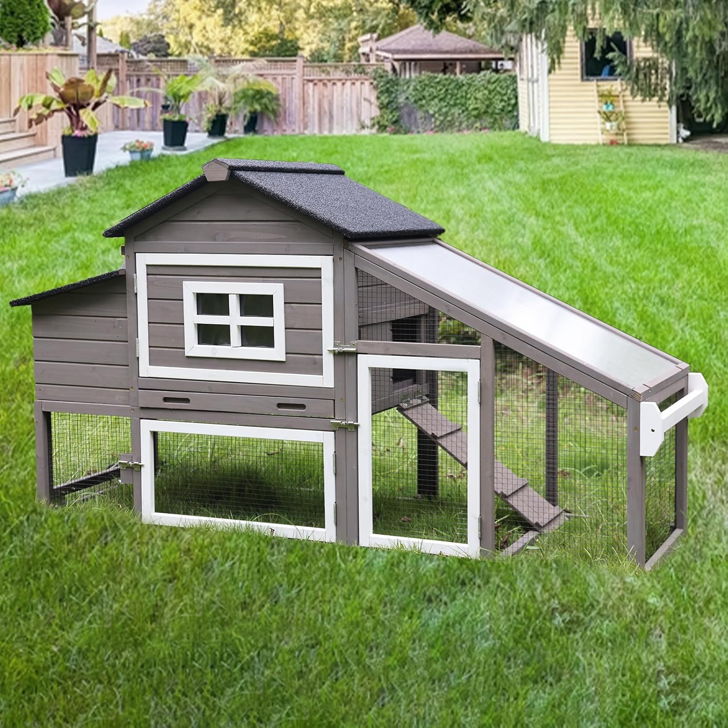 GUTINNEEN Chicken Coop with Wheels Mobile Outdoor Hen House Weatherproof Duck Cage with Large Nesting Box, Leak-Proof Tray, UV-Resistant Roof for 2-4 Chickens (Brown & White)