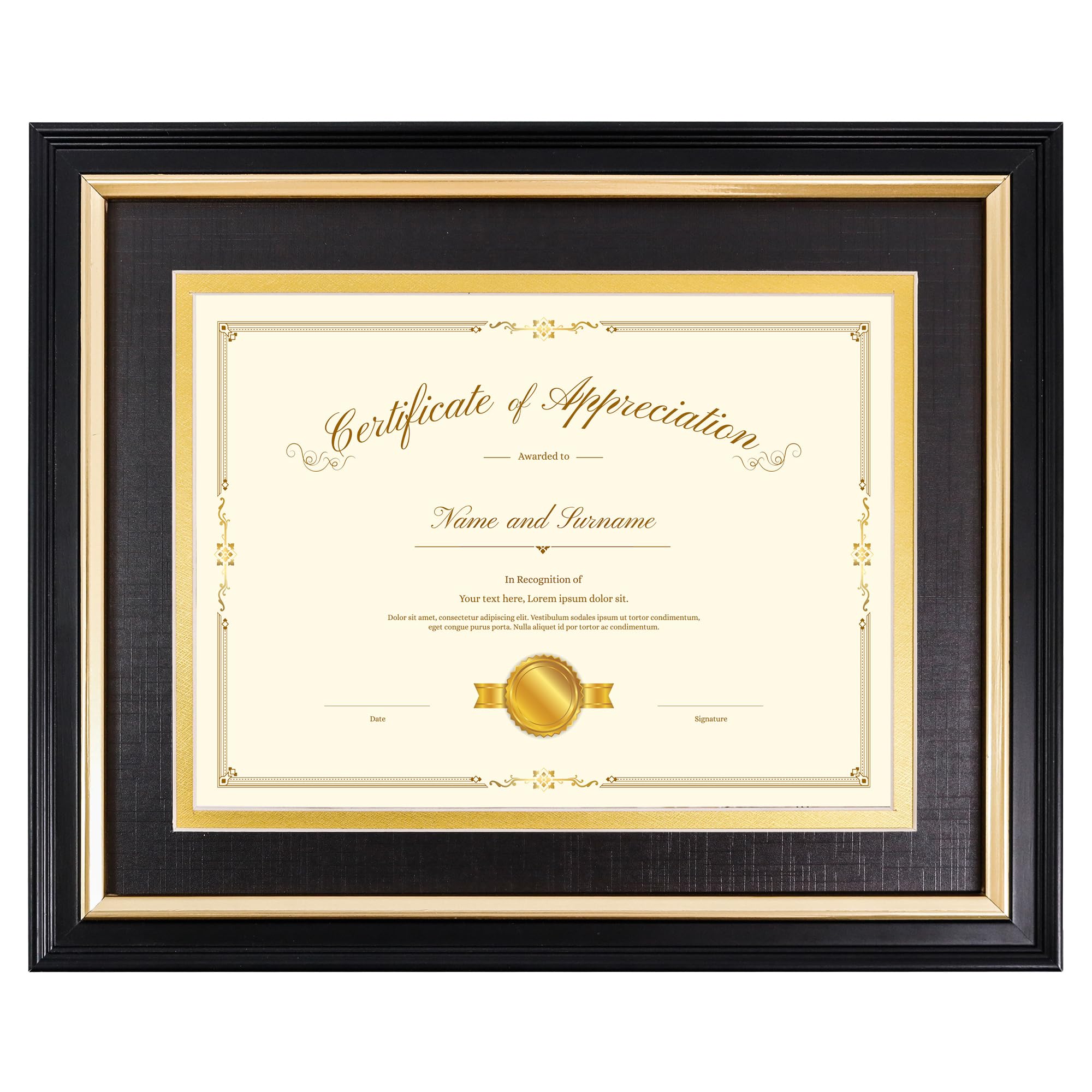 Cadre en bois massif 15,2x20,3 cm passe-partout noir or et verre véritable pour diplôme