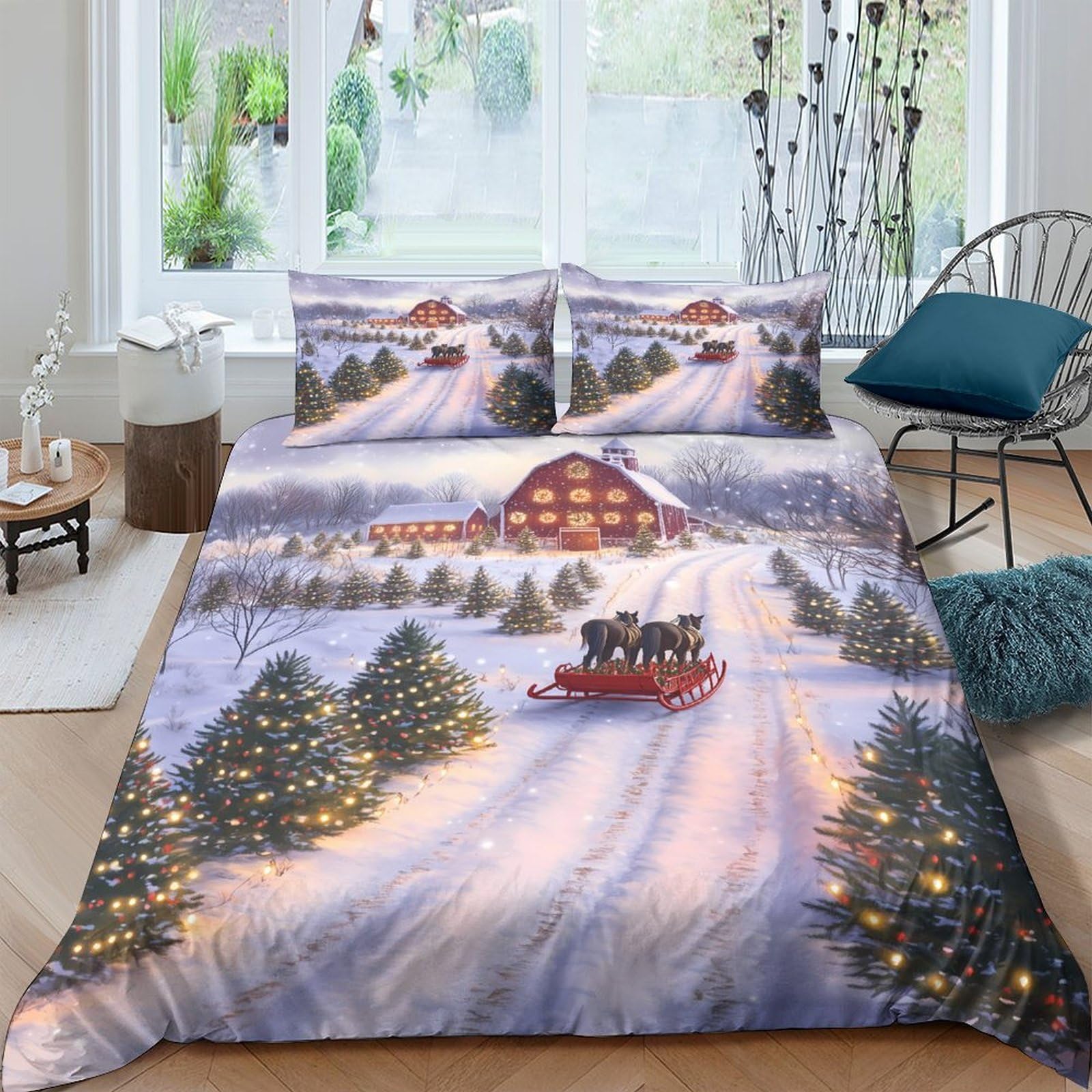 Ctjqhvkz Style-8 3D Printed Winter Cabin Fitted Sheet Microfiber Soft Christmas Tree Mattress Cover For Bedroom Guest Room Decor Single（135X200cm）