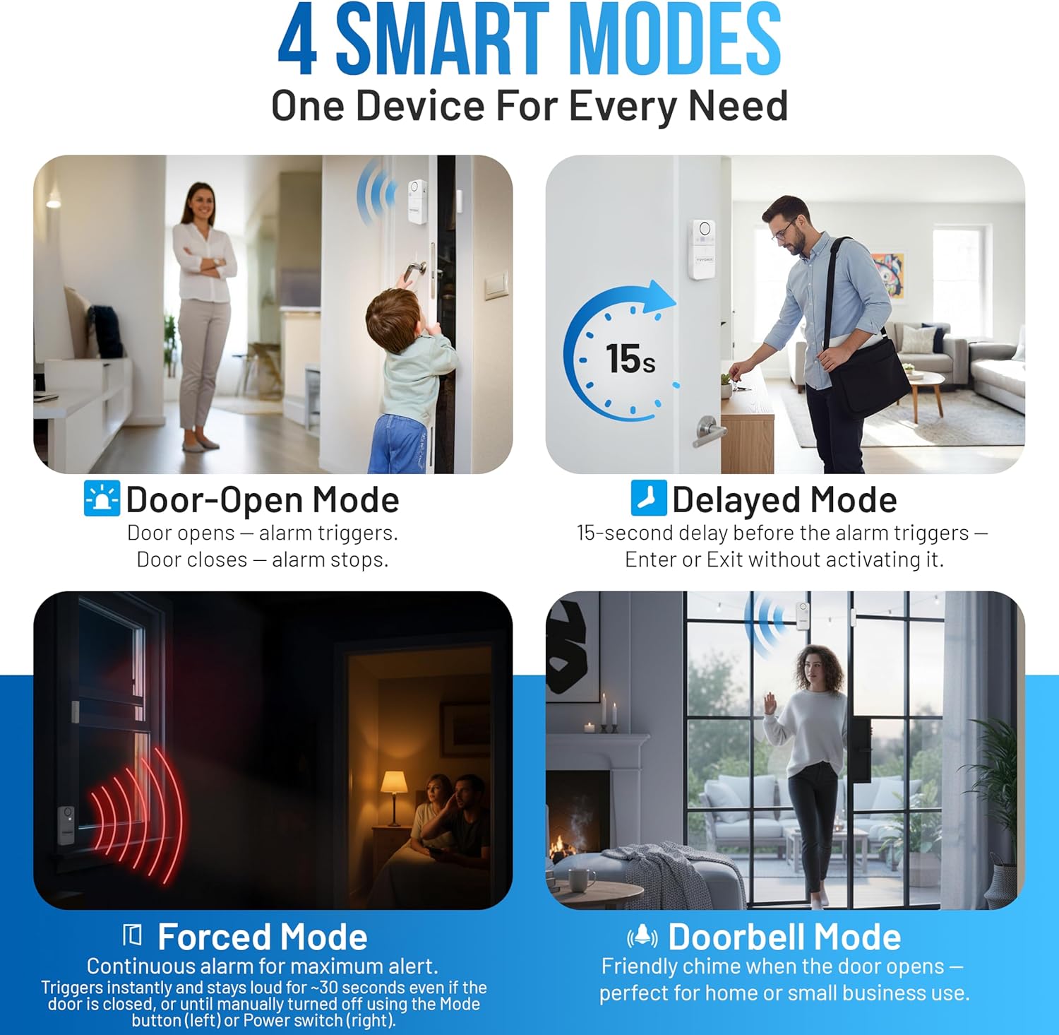 Door Alarms When Opened – 130 dB Loud Door & Window Alarm, 1.2” Wide Gap Sensor, Instant & Delay Alerts, 3 Volume Levels, AAA Batteries Included, Low Battery Alert, 4 Pack