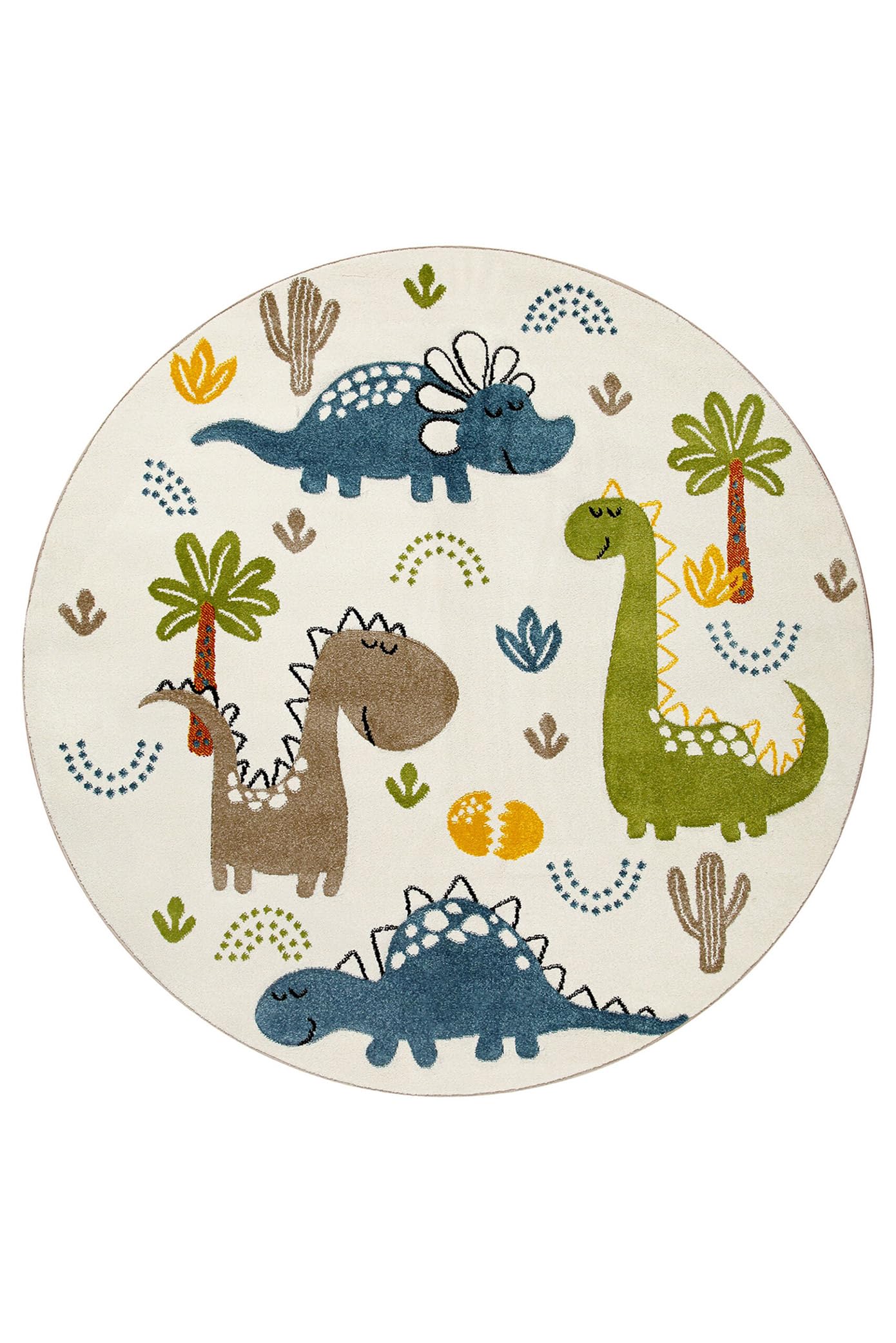 Smart Kids Tappeto per bambini in tessuto emozionante avventure con simpatici motivi dinosauri – Dino & Friends (120 cm rotondo, crema bianco)