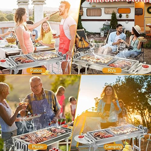 Miniatura 4 de TeqHome Parrilla de carbón portátil, plegable y mejorada, parrilla de carbón grande con estante de tablero y cesta de almacenamiento de sabor, marco