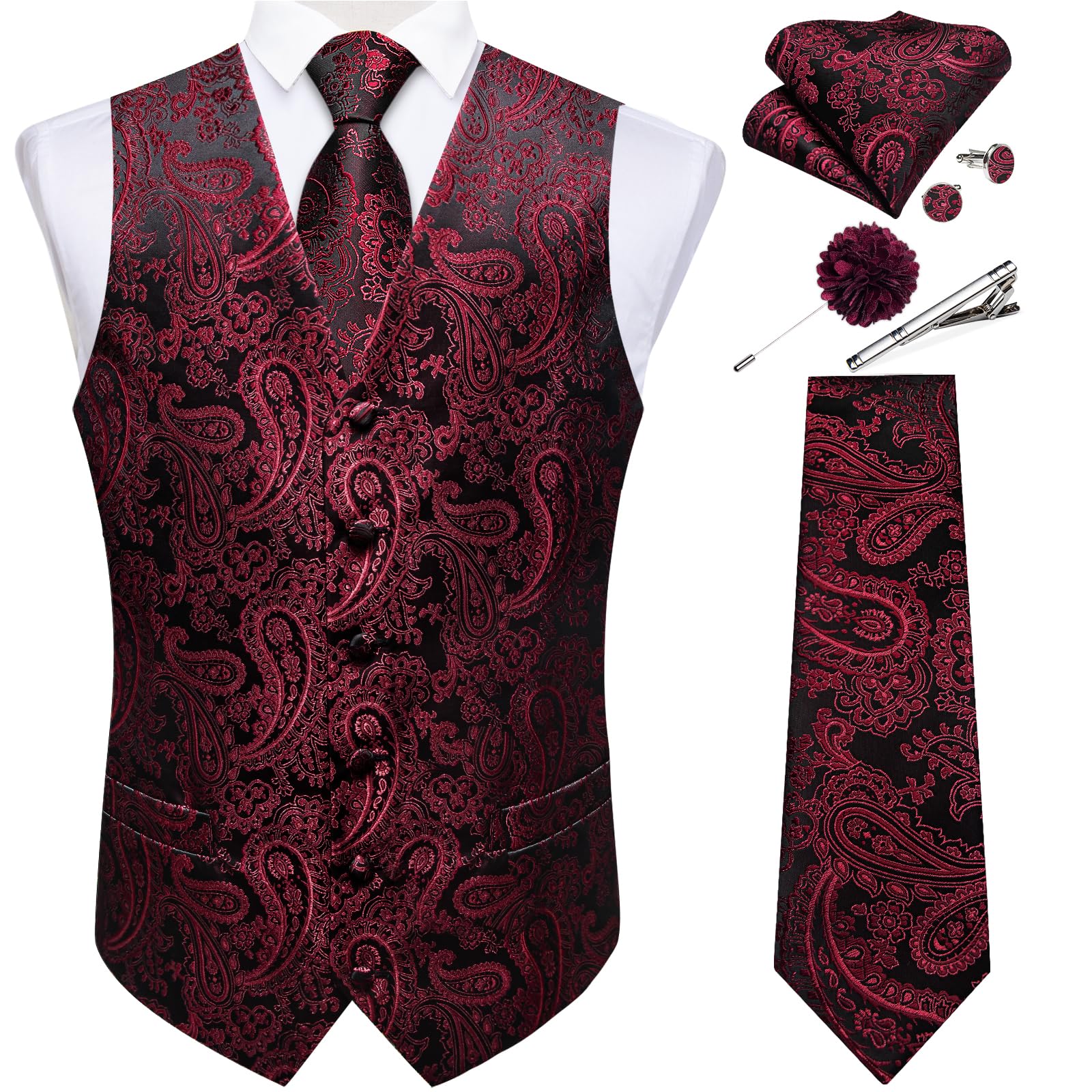 DiBanGu Mens Vest and Tie Set Formal Paisley Waistcoat and Necktie Pocket Square Cufflinks Silk Suit Vest for Tuxedo Wedding