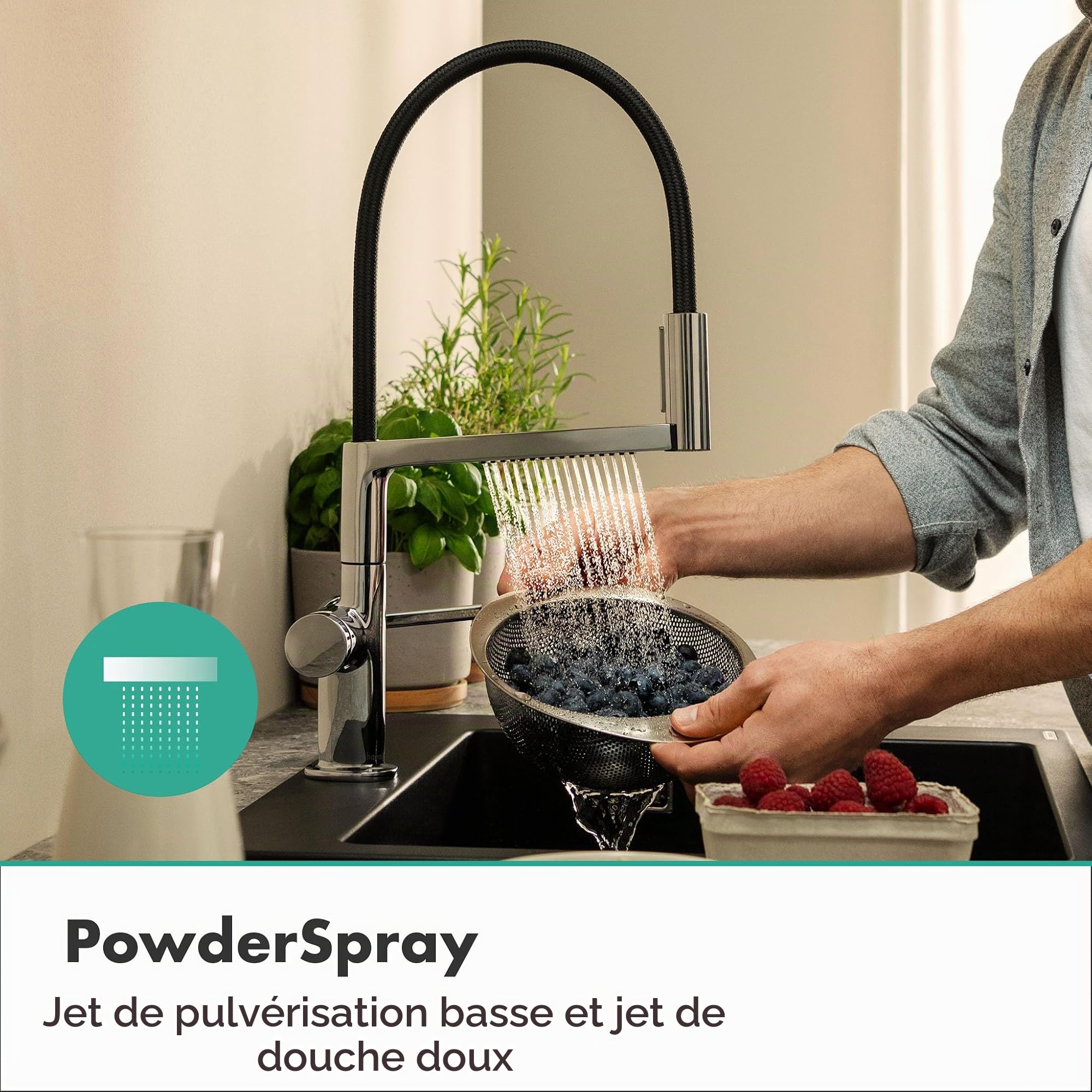 hansgrohe Talis Select M54 PowderSpray - Mitigeur de cuisine avec douchette extractible, SemiPro, 3 jets, Robinet avec hauteur sous bec 210 mm, avec bec pivotant et extensible, Chromé, 72861000
