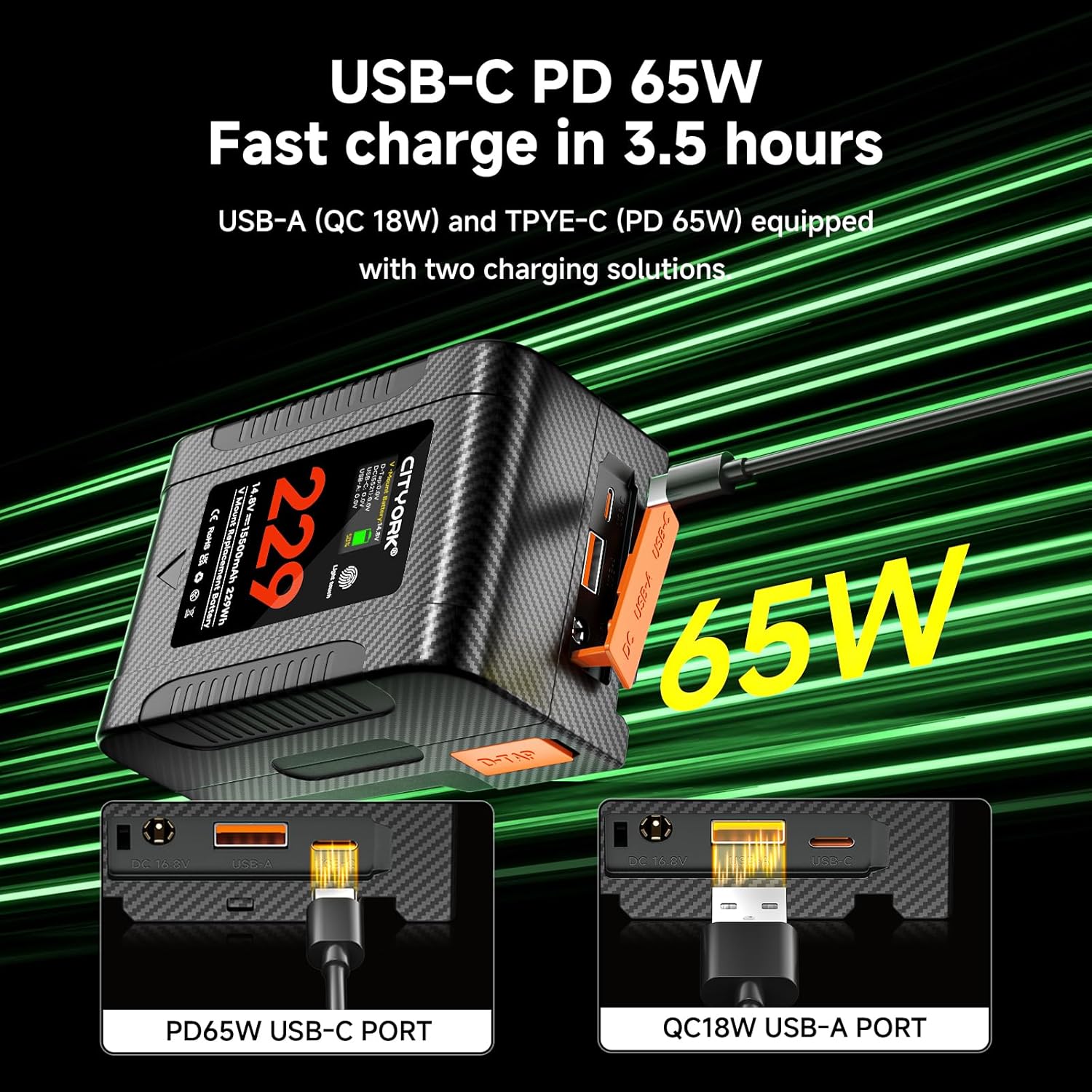 CITYORK Mini V Mount Battery 229Wh/ 15500mAh 14.8V V Mount/V Lock Battery with D-TAP, USB-A, USB-C Port, OLED Display for Camera, Camcorder, Video Light (PD 65W USB-C Cable*1,Fast Charging)