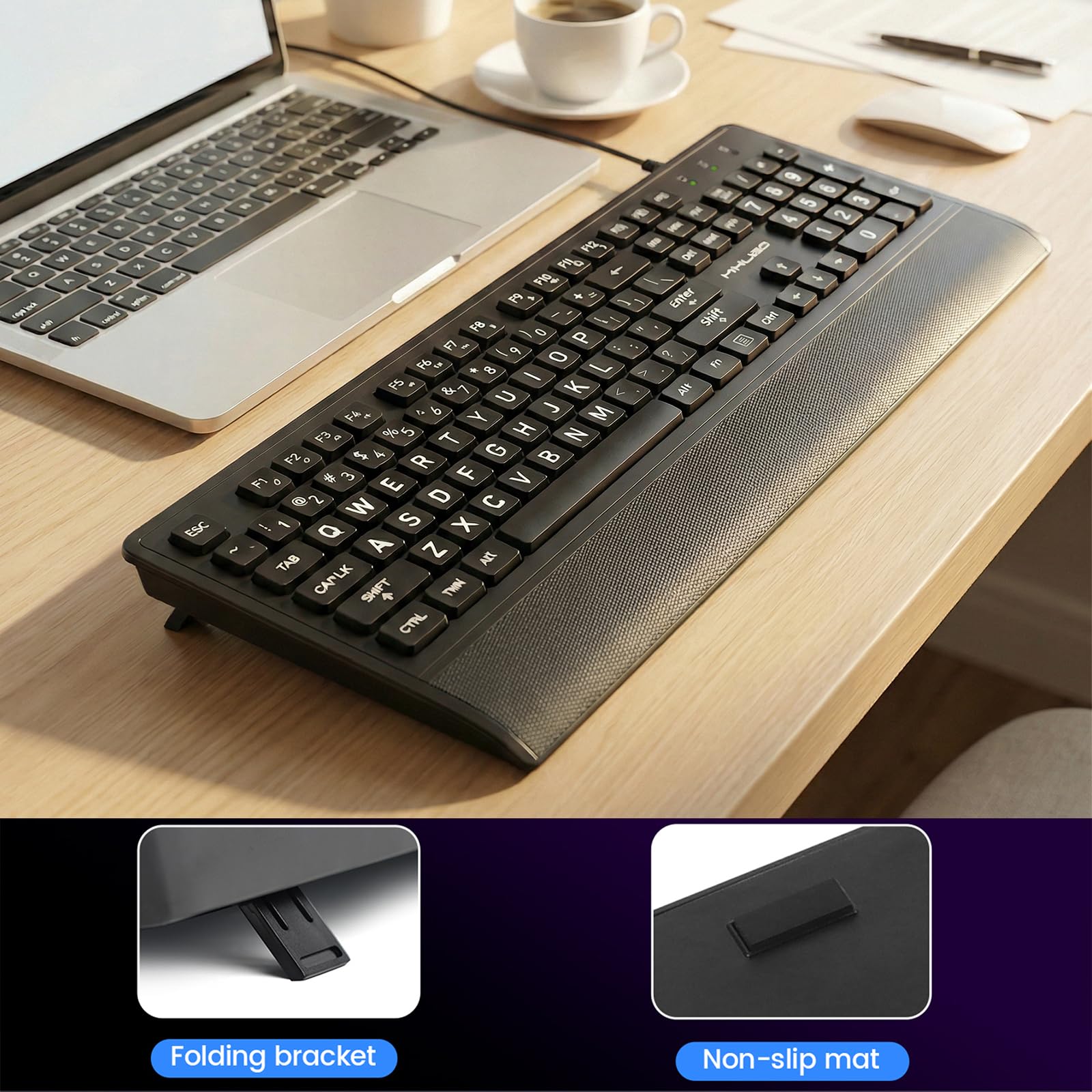 Große Drucktastatur, USB-Tastatur mit Handgelenkauflage und Staubschutz, 104 Tasten, leicht zu sehen, schwarz mit weißen Buchstaben, für Senioren, niedrige Sicht, Bürotippen, faltbare Füße