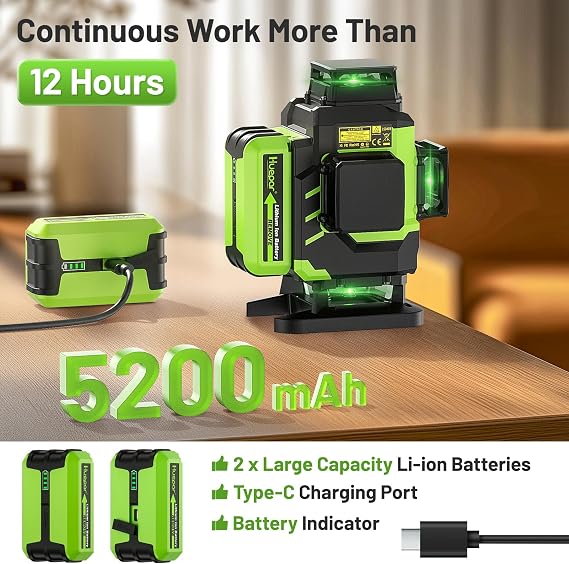 Huepar Laser Level 360 Self Leveling, Rechargeable Green Laser 4x360 Cross Line Lazer Leveler 4D Level Laser Tool for Construction with Two Li-ion Batteries, Magnetic Bracket &Hard Carry Case -LS04CG