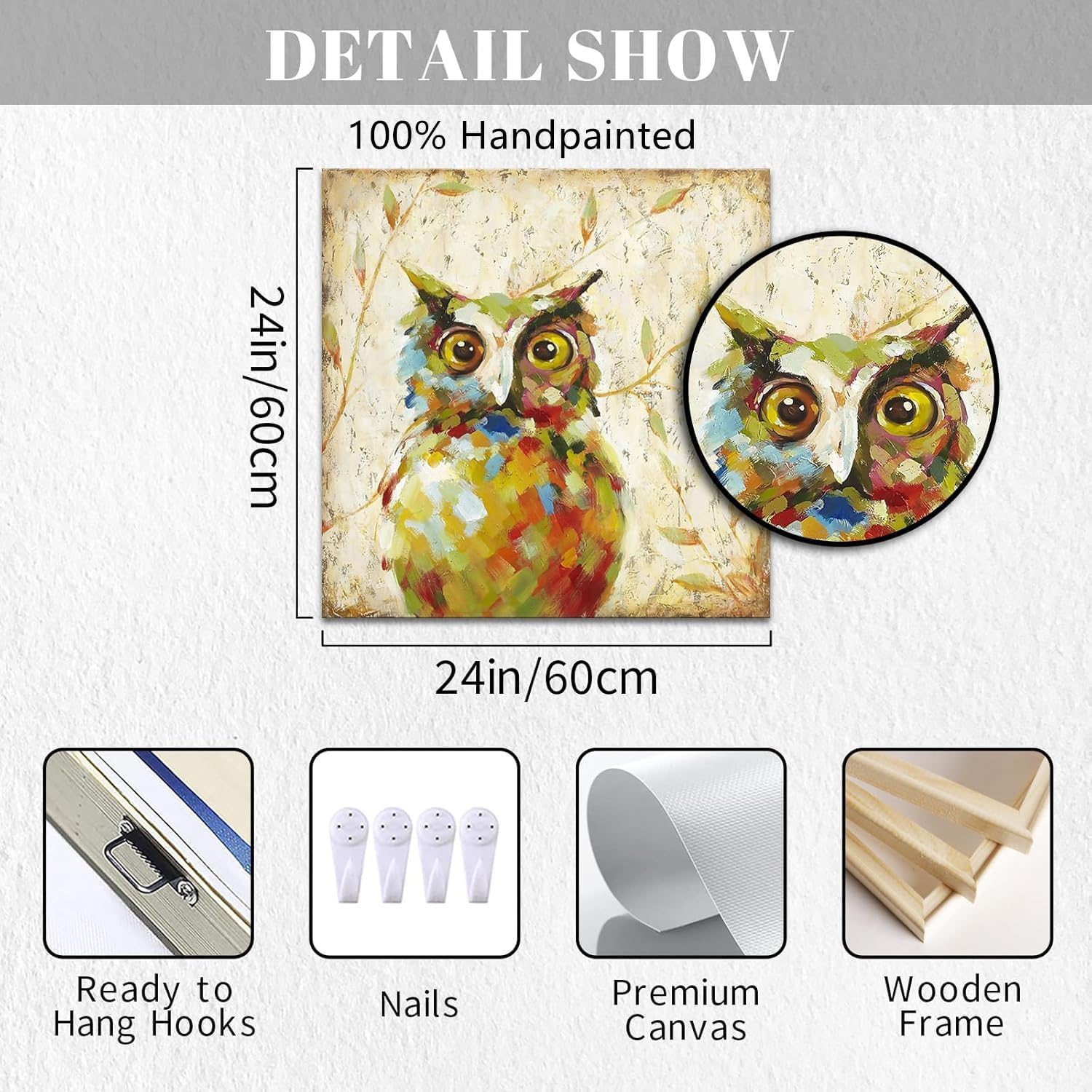 Animal Owl Paintings 100% Hand Painted Bird Artwork Prints for Living Room Bedroom Kid's Room Decoration Modern Wall Decor Ready to Hang 24x24 inch