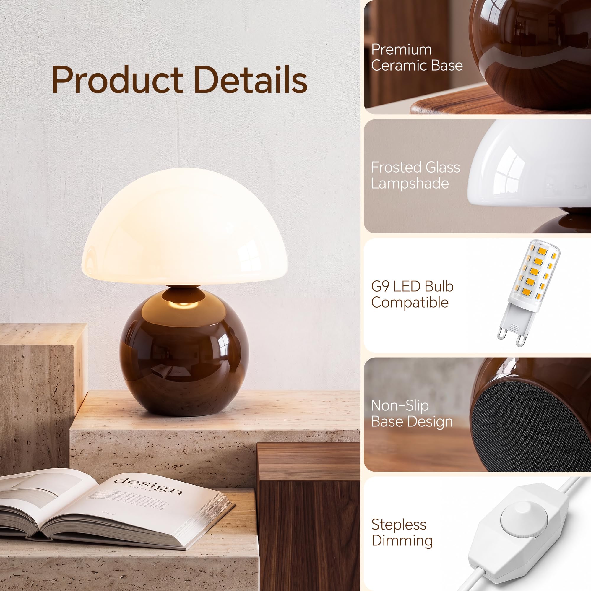 Dawnwake Lampada da comodino a forma di fungo, lampada da tavolo a LED, dimmerabile, decorazione per soggiorno, camera da letto, lampada da tavolo, lampada da tavolo in ceramica, in vetro, piccola