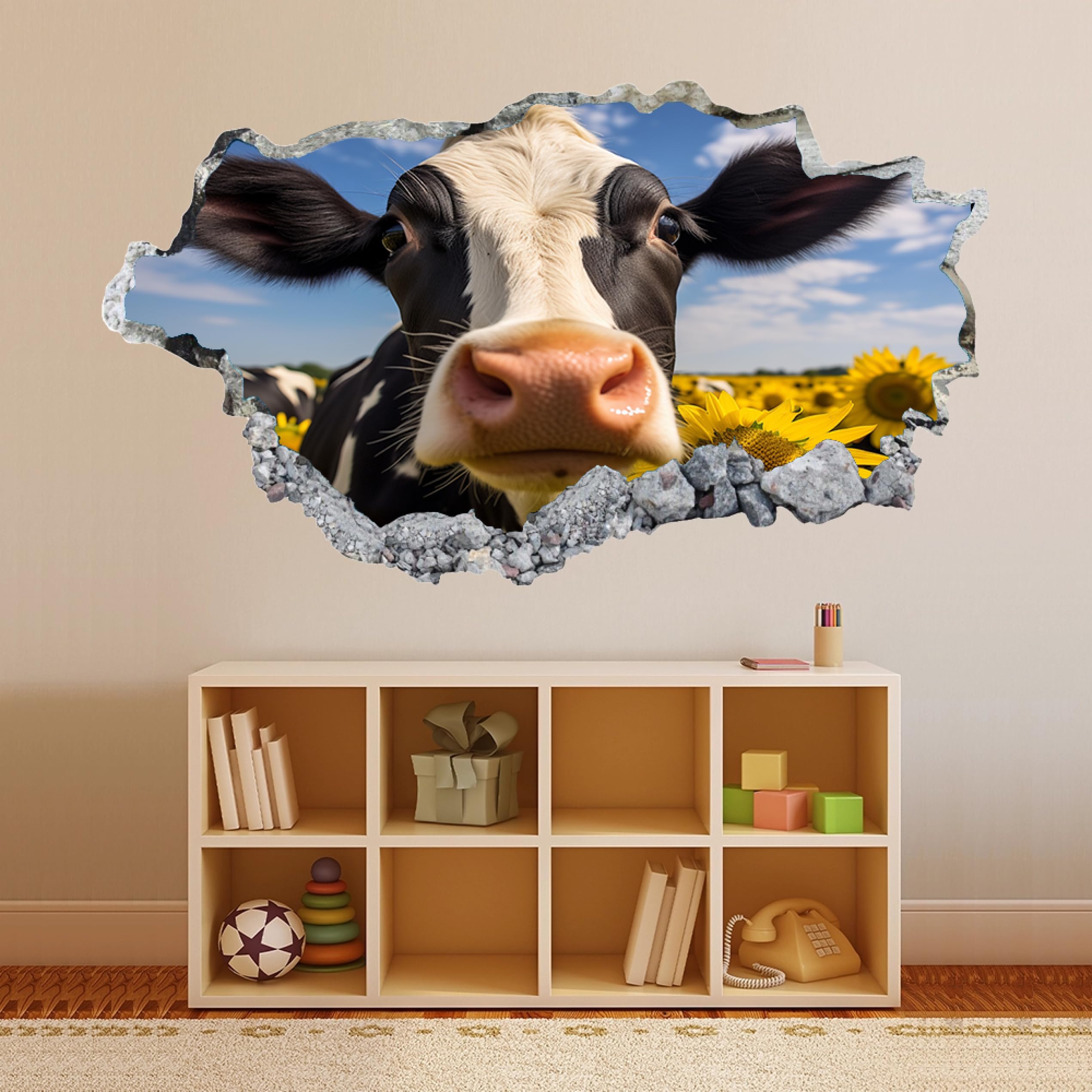Calcomanía rota 3D Girasol Vaca Adhesivo para despegar y pegar, Tatuaje de pared Dormitorio Guardería Habitación Decoración Mural Decoración para el hogar 70x122cm