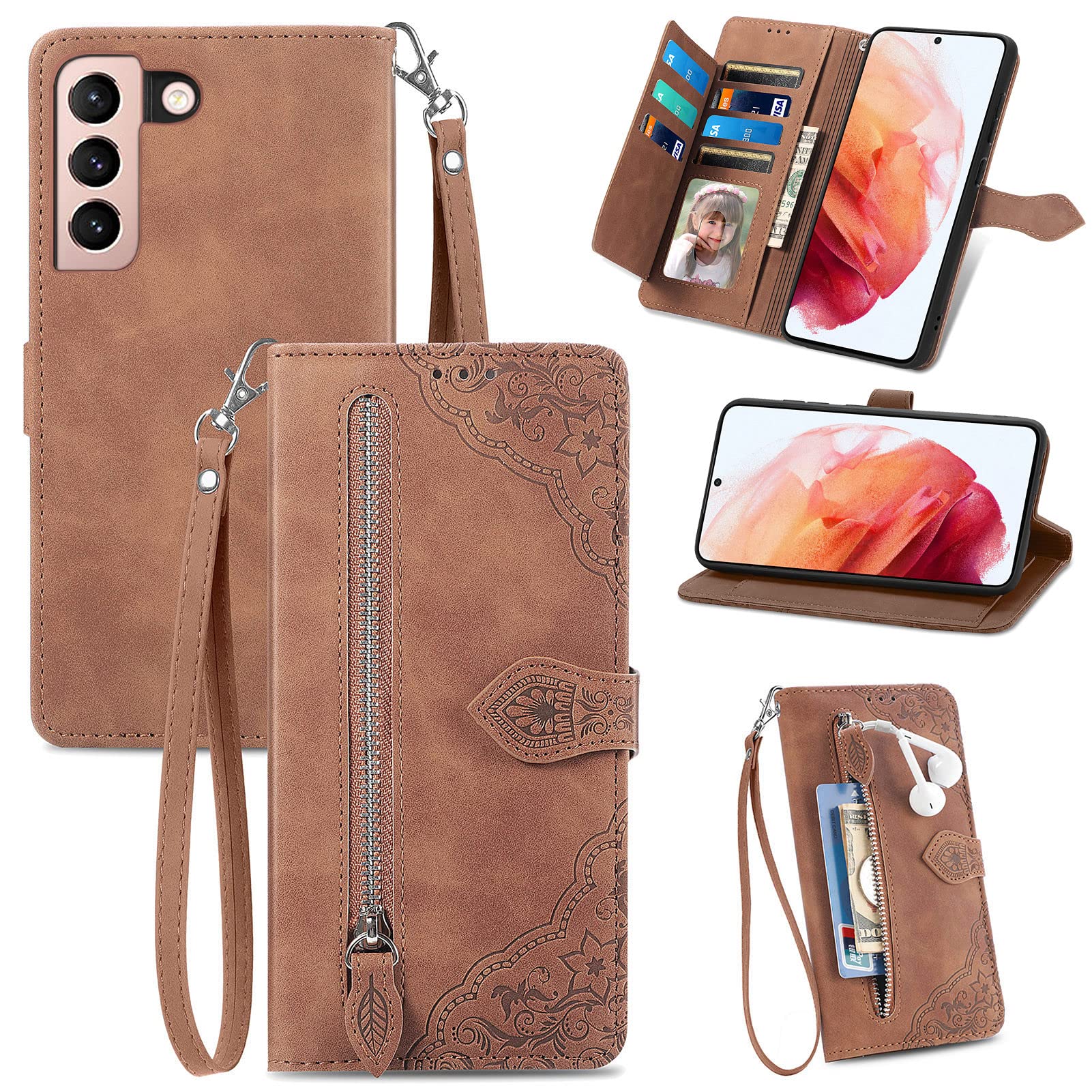 Furiet Compatible with Samsung Galaxy S21 Plus S21+ 5G Wallet Case and Wrist Strap Lanyard Leather Flip Card Holder Stand Cell Accessories Phone Cover for S21+5G S21plus 21S + S 21 21+ G5 Women Brown