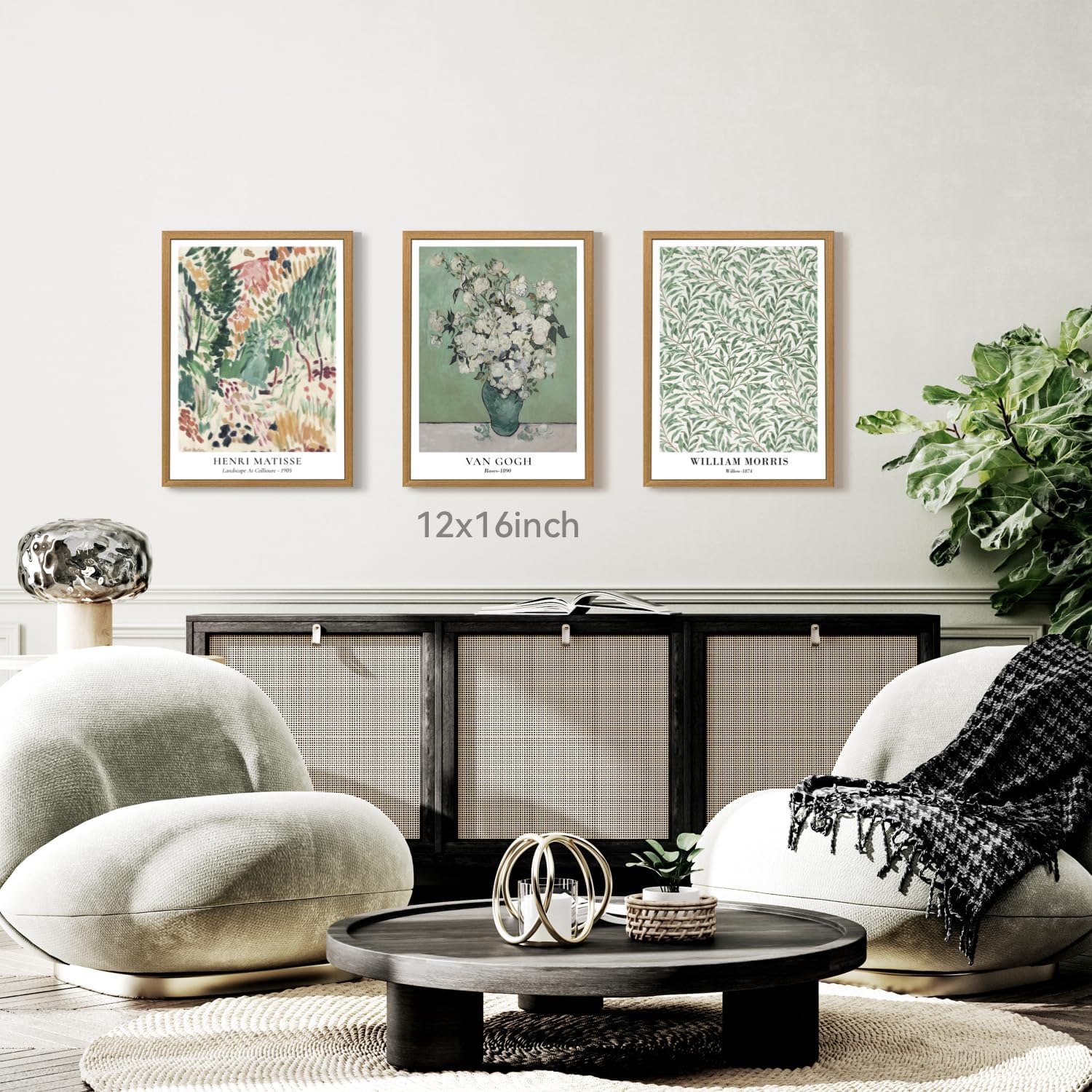 CAZLOUC Matisse Van Gogh William Morris Wall Art Set of 3, Sage Green Bathroom Wall Decor, Vintage Botanical Floral Poster Prints, Impressionism Abstract Artwork for Bedroom Wood Framed 12x16 Inch