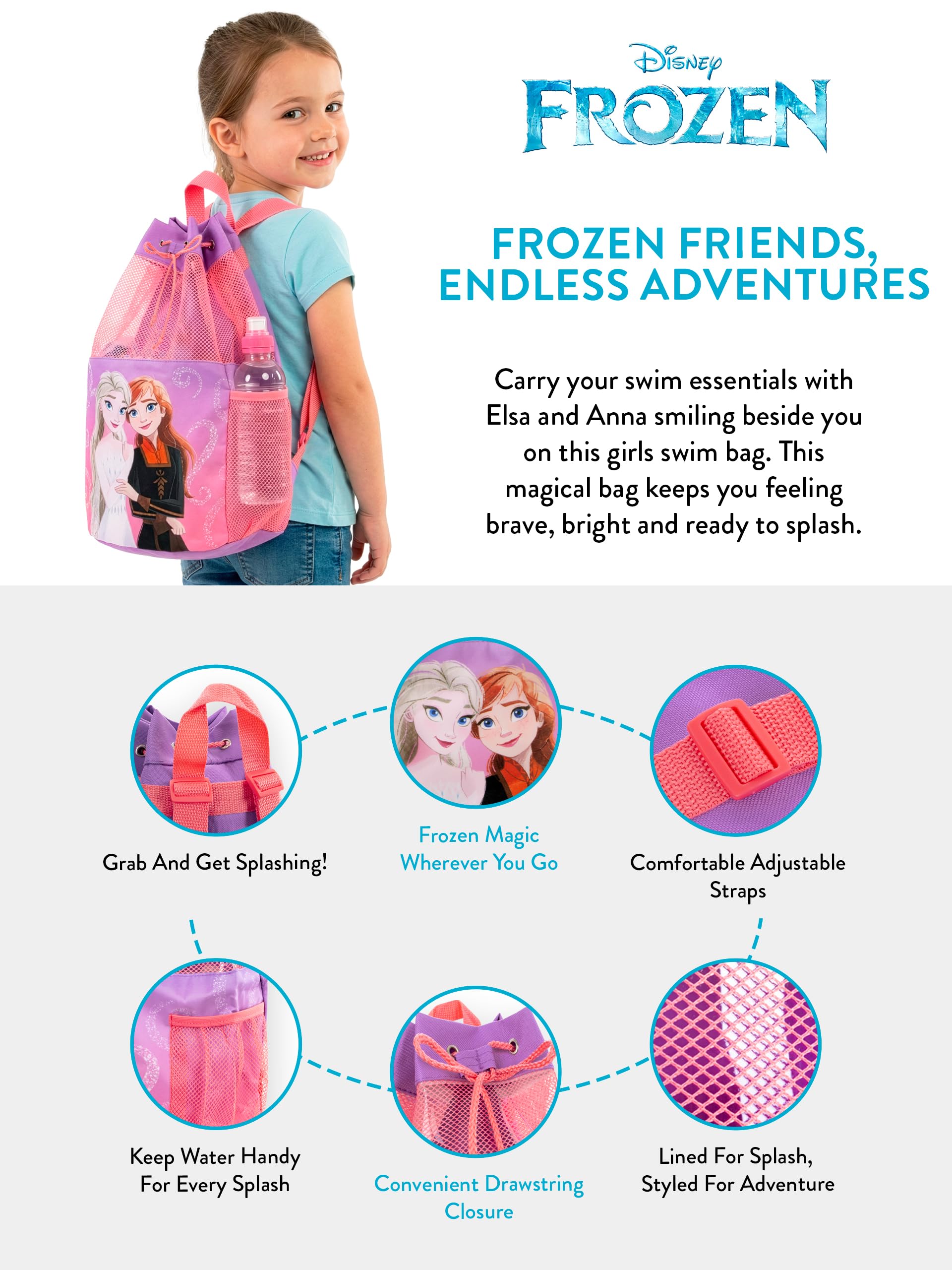 Disney Sac de natation La Reine des Neiges, sacs de natation Anna et Elsa, sac pour filles avec cordon de serrage - 5