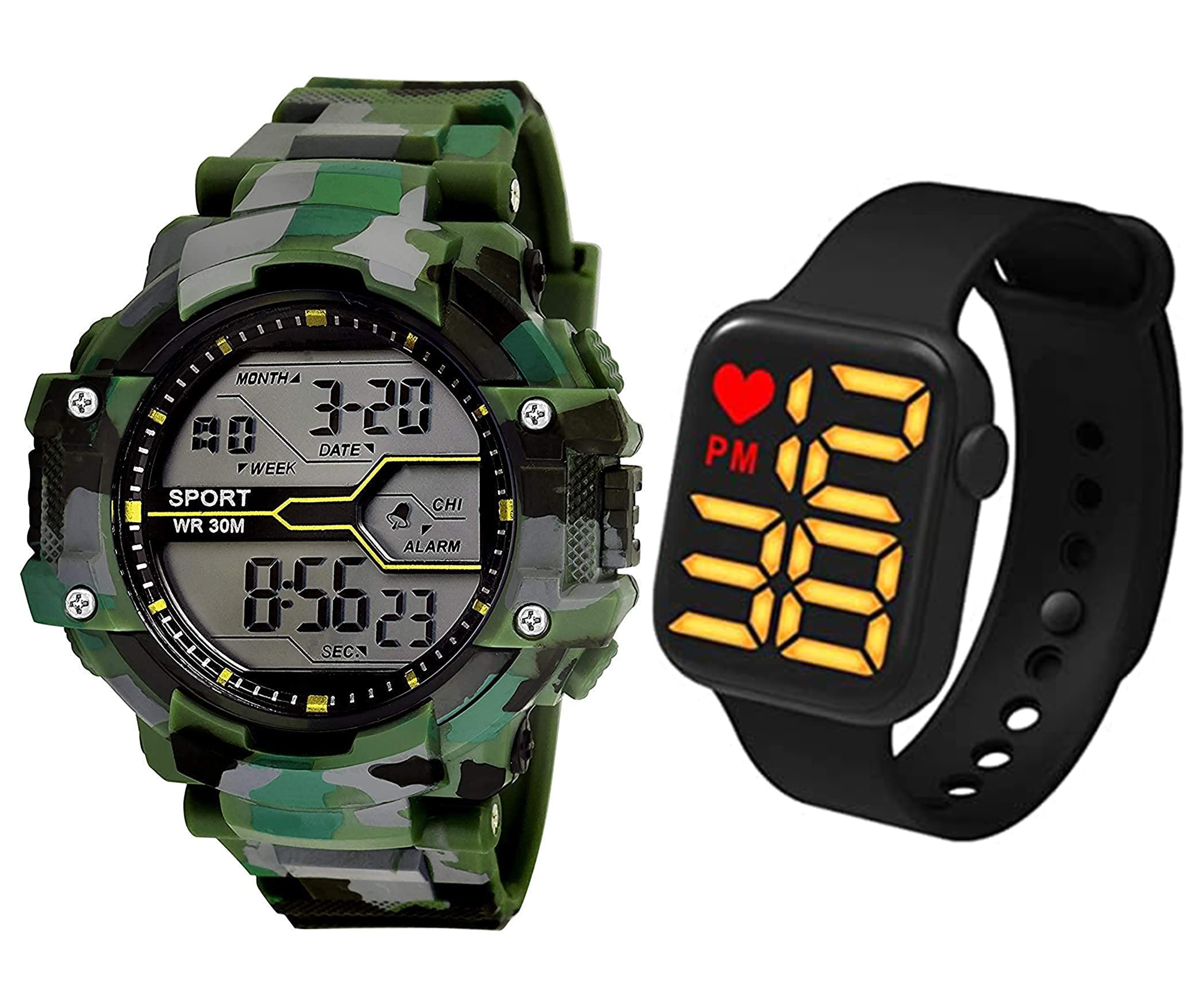 FROZIL Digital Green Military Day Date Month Alarm Stopwatch Army Dial Sports Watch with Heart Square LED Watch for Mens Kids Watch for Boys Watch for Men Pack of 2 (B0BP2DTFTG) Amazon Price History, Amazon Price Tracker