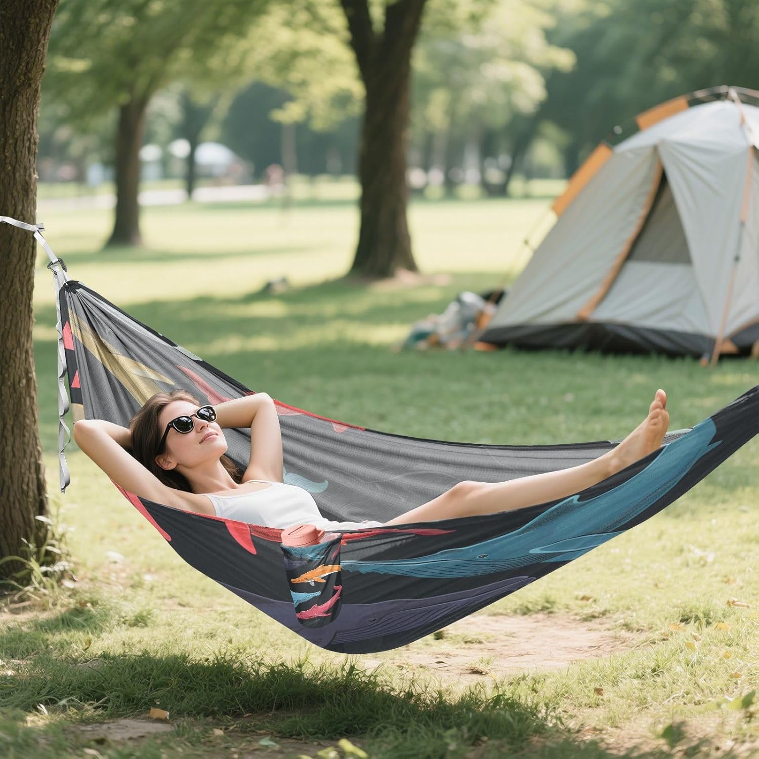 ALAZA Colorful Whale Camping Hammocks Single or 2 Person 500 lbs Portable Parachute Travel Hammock w/Tree Straps for Hiking Backpacking Indoor Outdoor