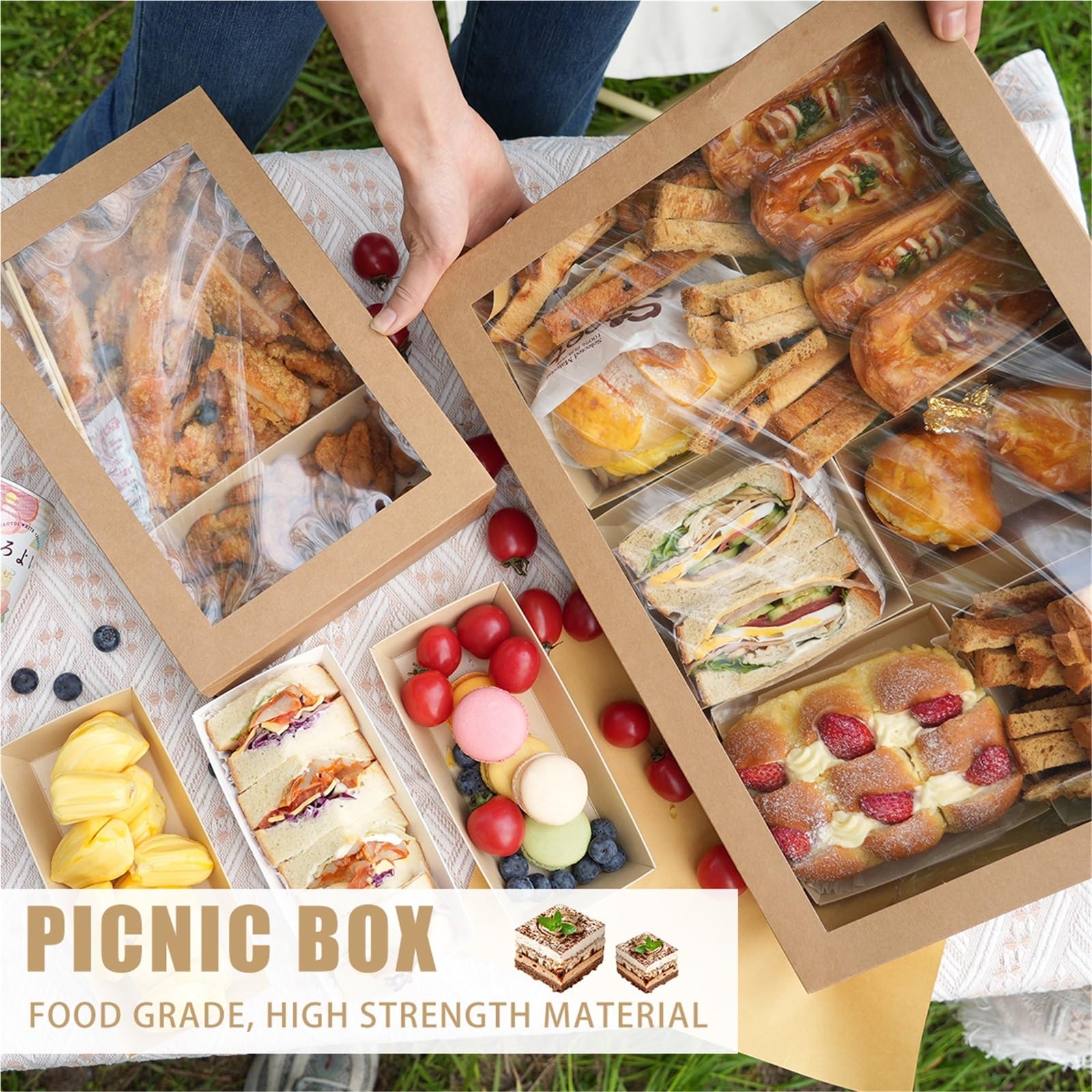 Caja Tarta de Cartón Con Ventana Transparente Caja de papel Kraft desechable for Picnic, ventana transparente, recipiente for comida, pastel fruta, dulces, 2/4/6 Uds(M,6pcs)