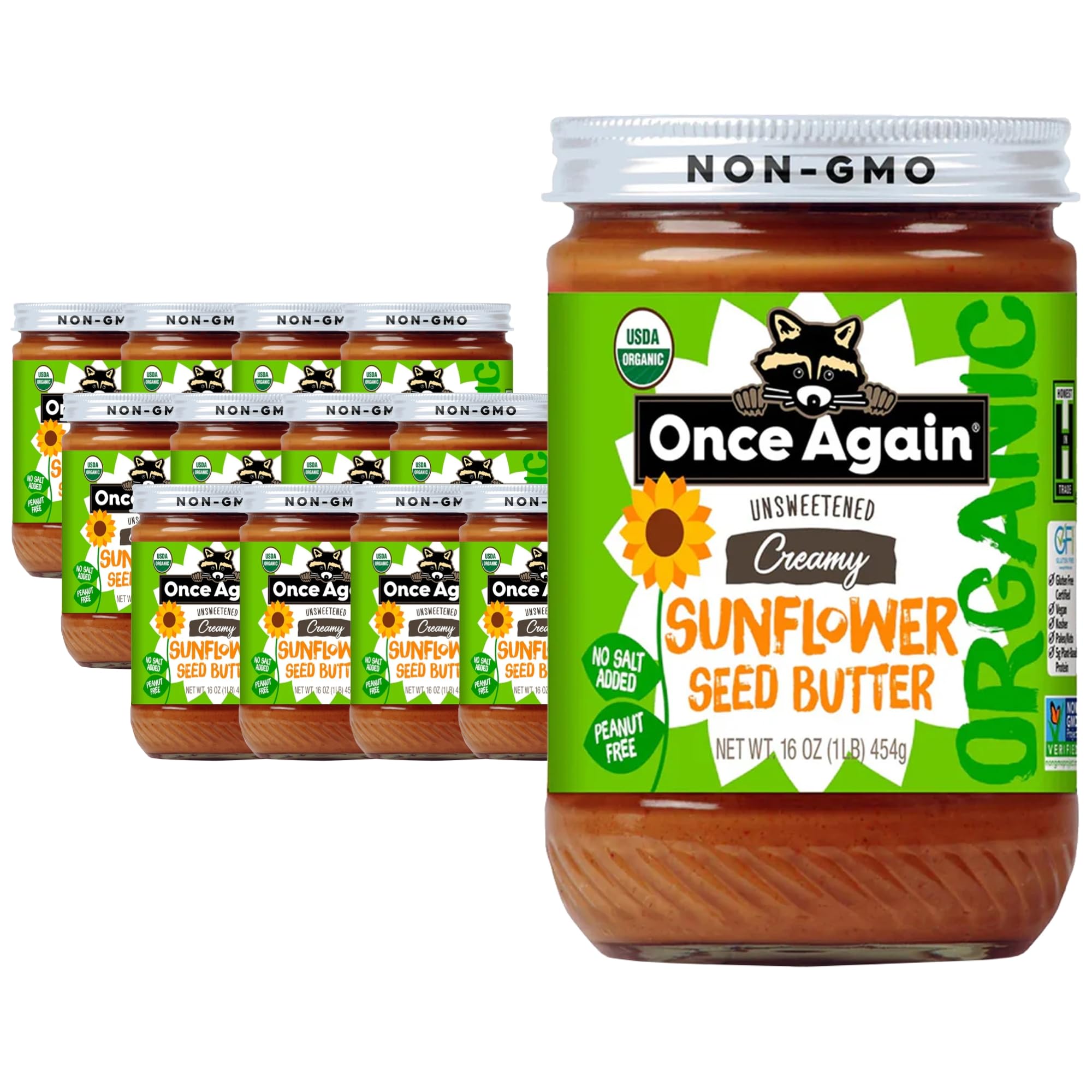 Once Again Organic Creamy Sunflower Butter, 16oz - Salt Free, Unsweetened - Peanut Free, USDA Organic, Gluten Free Certified, Vegan, Kosher - Glass