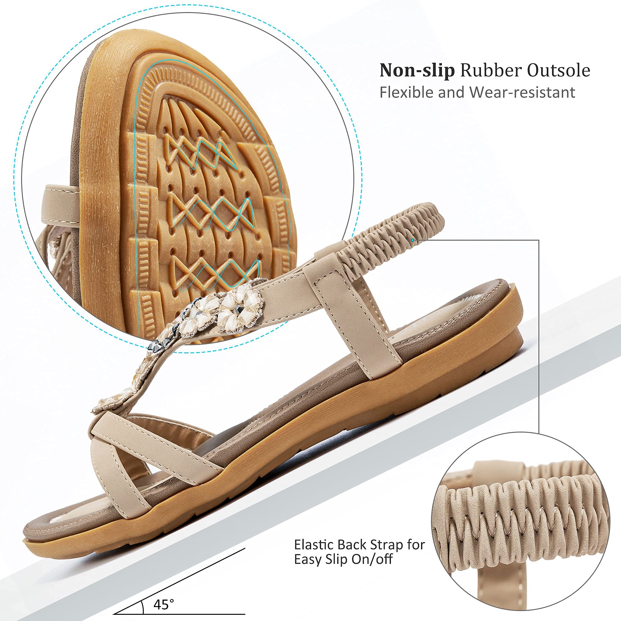 HARENCE Sandalias planas de verano para mujer: cómodas sandalias planas de vestir con correa elástica al tobillo, informales, sin cordones, puntera abierta, bohemias, para la playa