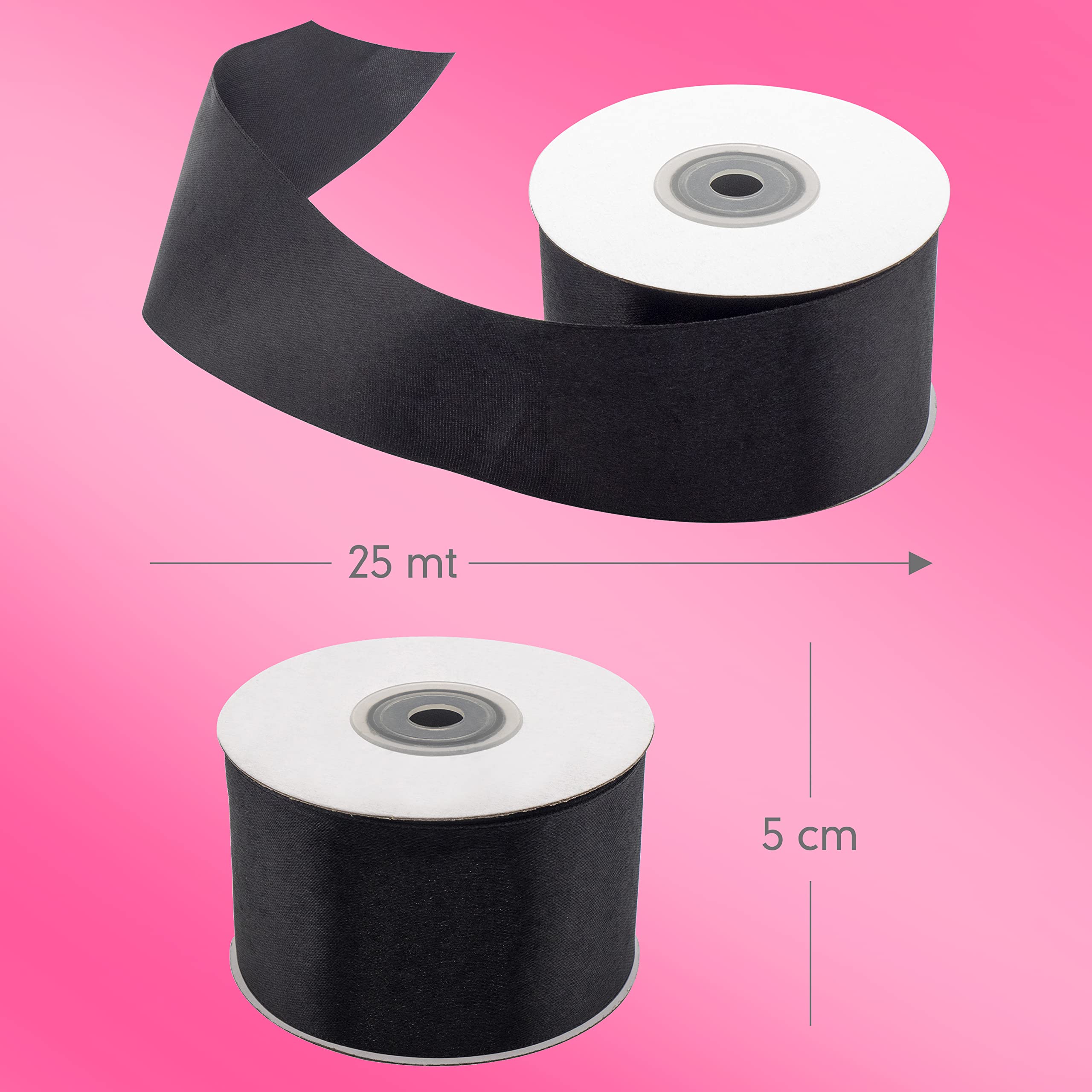 Nastro Rotolo da 50 mm in Doppio Raso Nero Bobina da 25 metri Nastrino Spessore 5 cm per Matrimonio Battesimo Natale Capodanno Idea Regalo Bomboniera