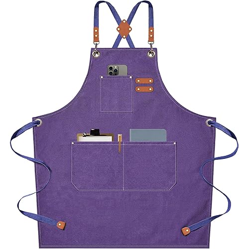 AFUN Chef Aprons for Men Women with Large Pockets, Cotton Canvas Cross Back Heavy Duty Adjustable Work Apron, Size M to XXL (Purple)