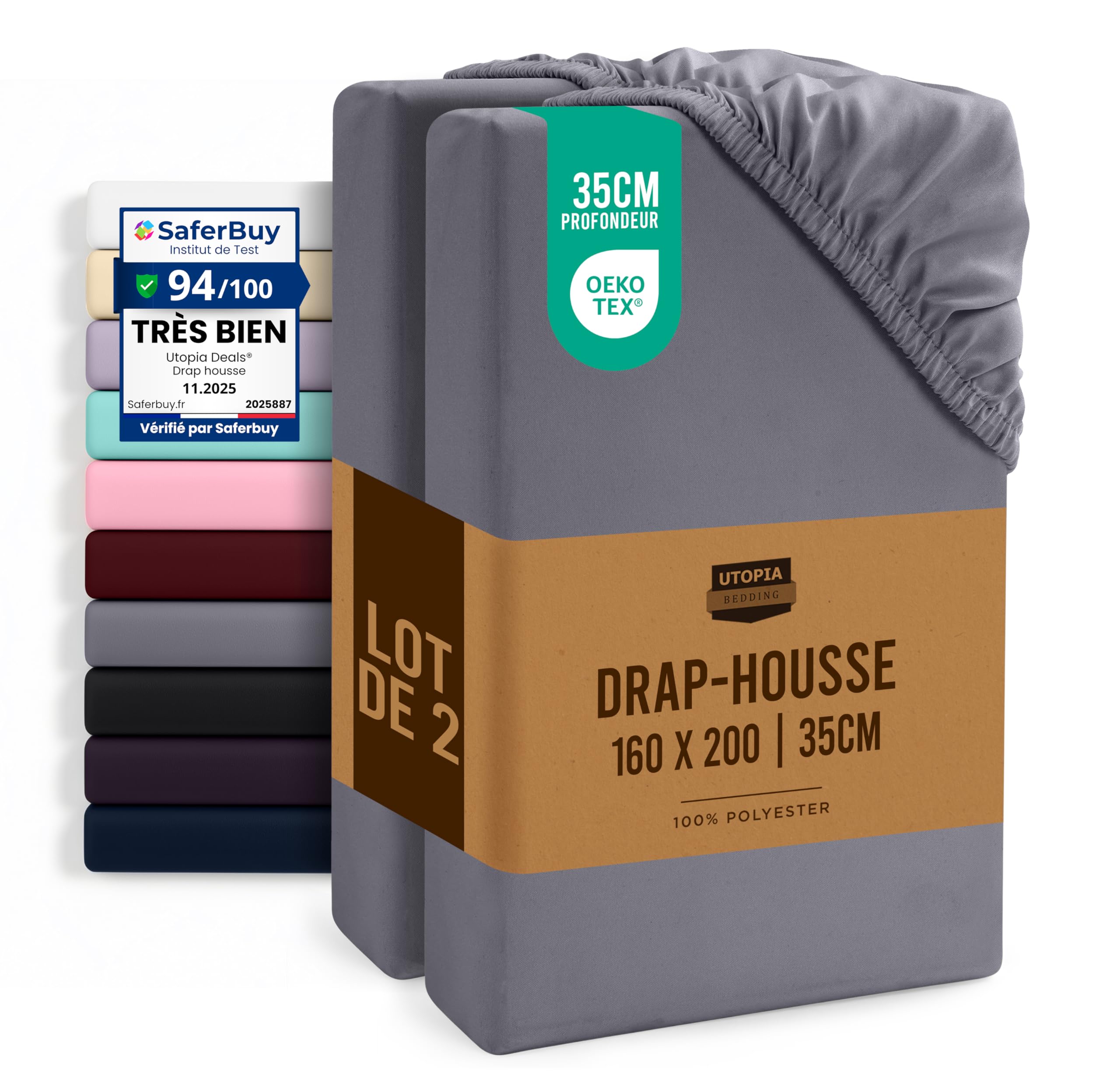 Utopia Bedding Drap Housse Lot de 2 160x200 cm Gris Microfibre brossée Oeko-Tex