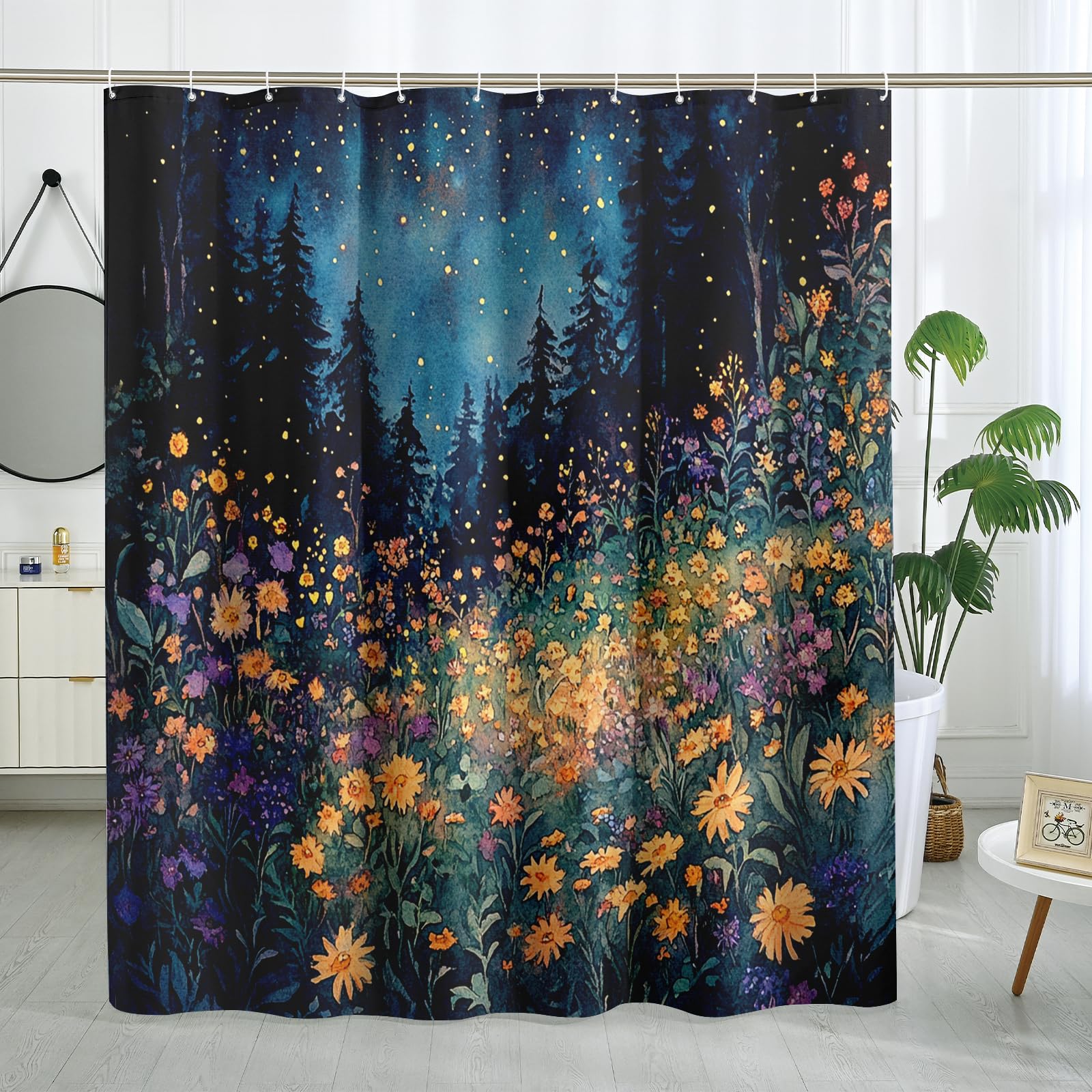 Rideau de douche floral aquarelle bleu ciel avec fleur orange pour décoration de salle de bain, rideau de douche artistique moderne en tissu imperméable avec crochets 183 x 198 cm