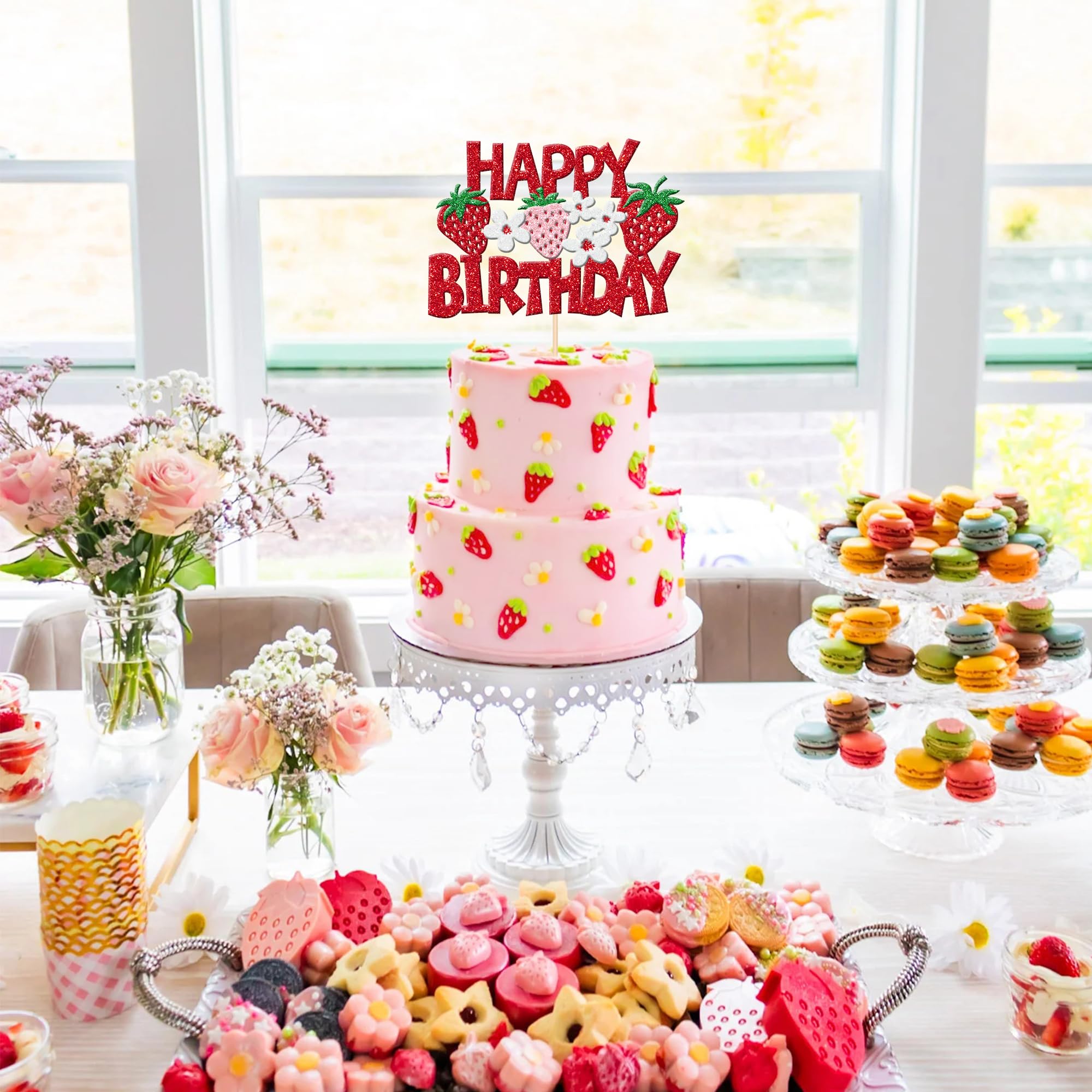 Snapklik.com : 1 PCS Strawberry Happy Birthday Cake Topper Red Glitter