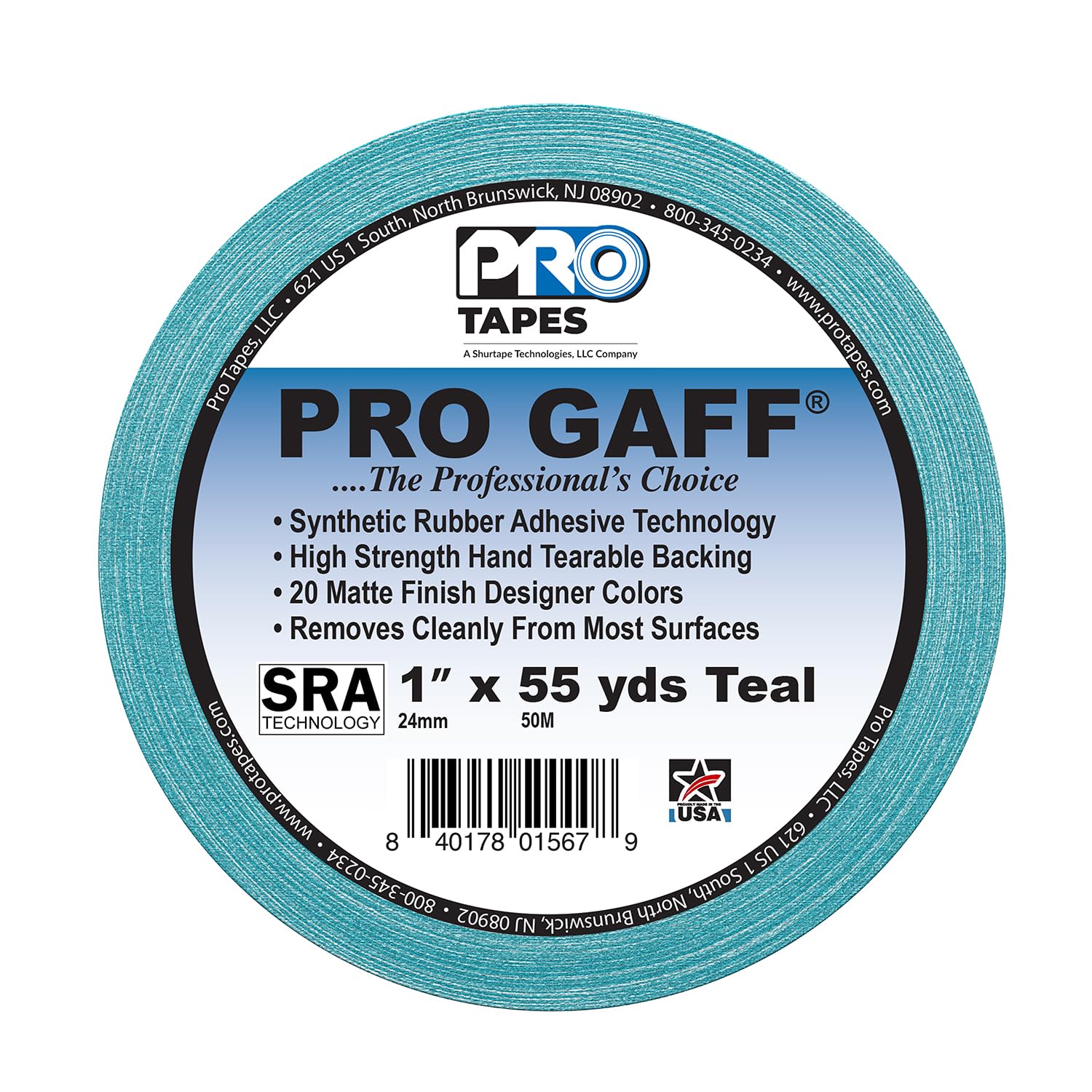 ProTapes 840178015679 Pro Gaff Premium Reinigungstuch matt Gaffers Tape mit Gummi Kleber, 11 Mil Dick, 55 YD. Länge, 2,5 cm Breite, Blaugrün