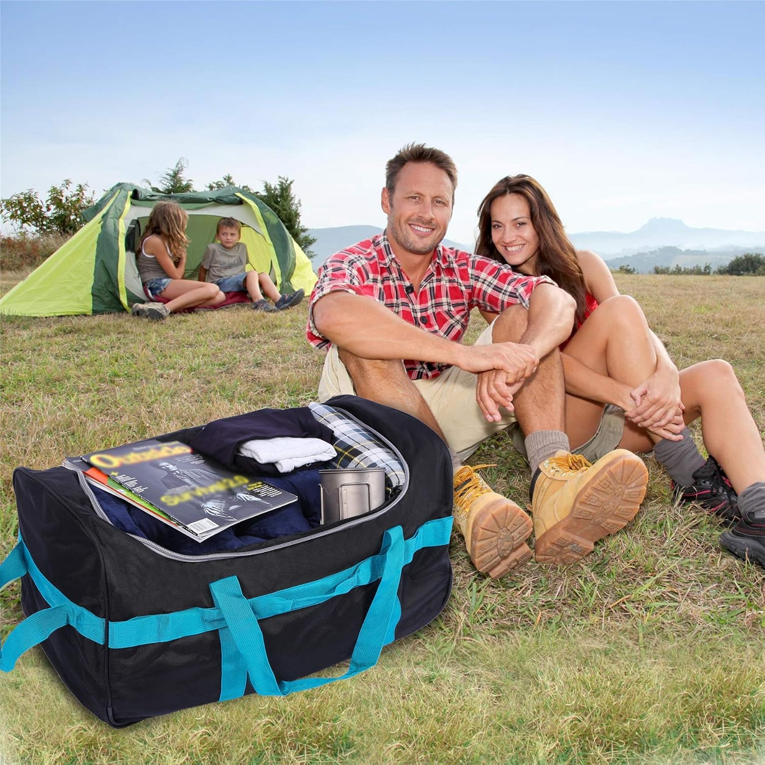 Folding Wheeled Rolling Duffle Bag for Camping Travel, Lightweight Large Duffel Bag with Wheels and Pull Handle, Blue, 26 Inch