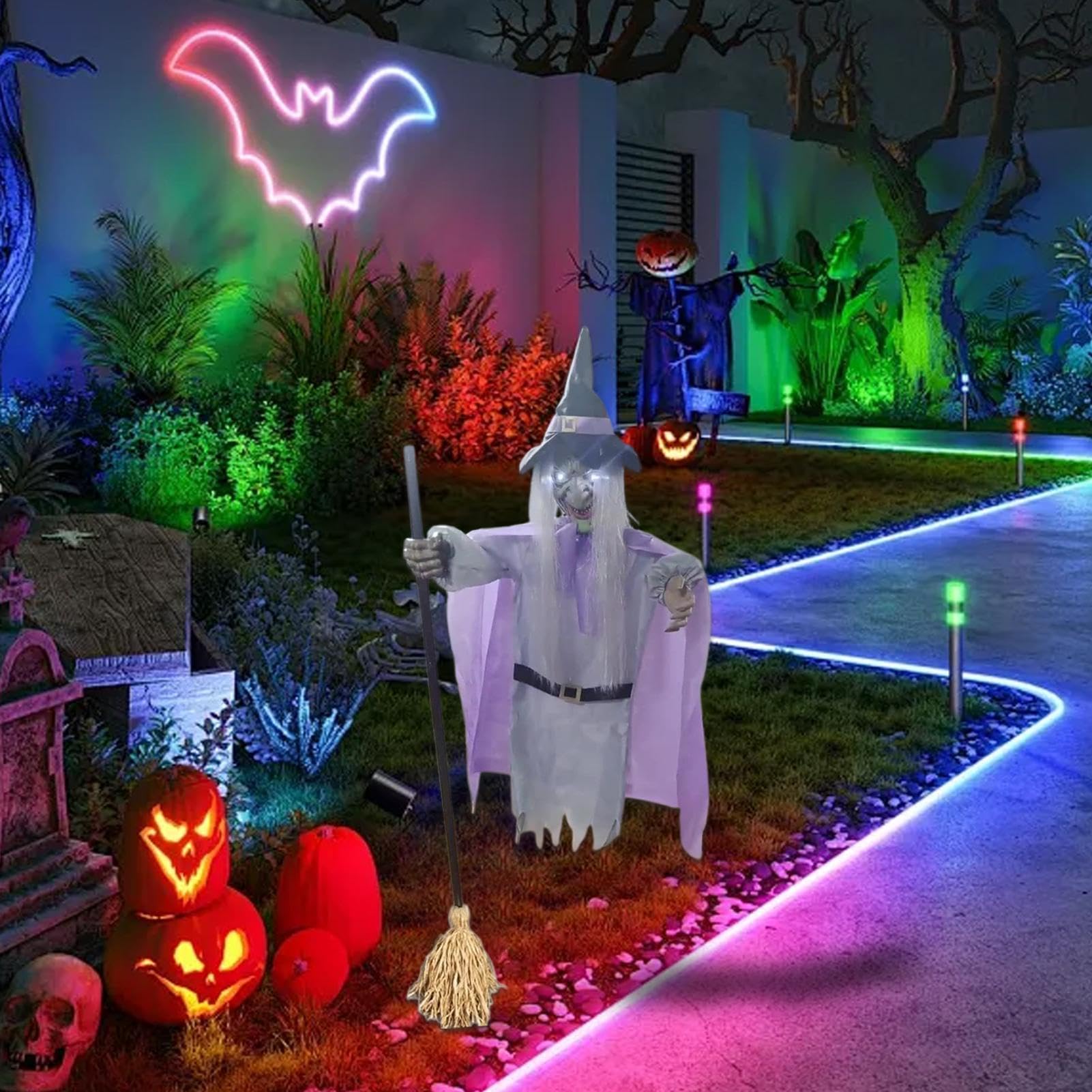Animierte Hexe 1,83 m Unheimlicher Halloween Sound- & Bewegungssensor | Schwebende Hexe Outdoor-Statue für Spukhaus, Feiertag, Party, Festival, Hof, Garten, Rasen und